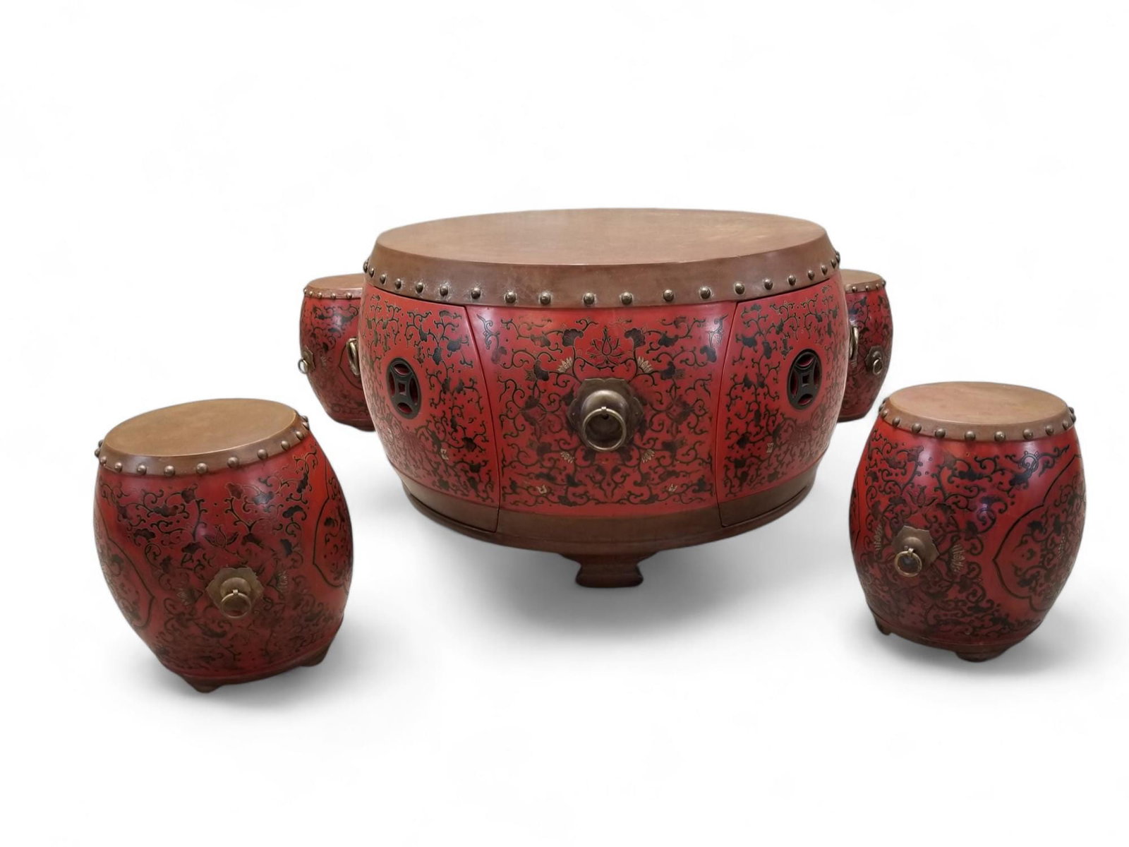 Vintage Asian Style Red Coromandel Drum Coffee/Side Table - 2