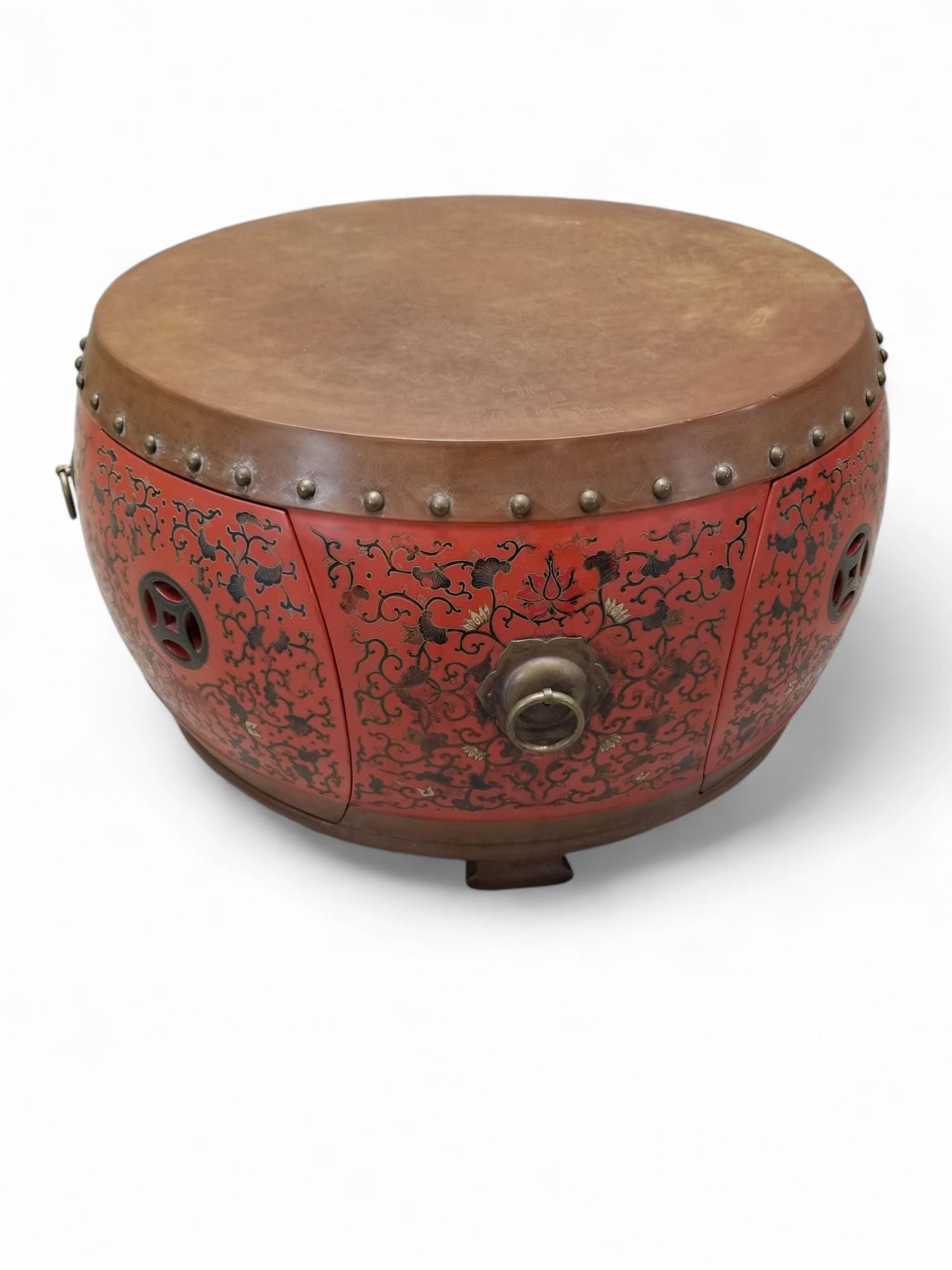 Vintage Asian Style Red Coromandel Drum Coffee/Side Table - 3