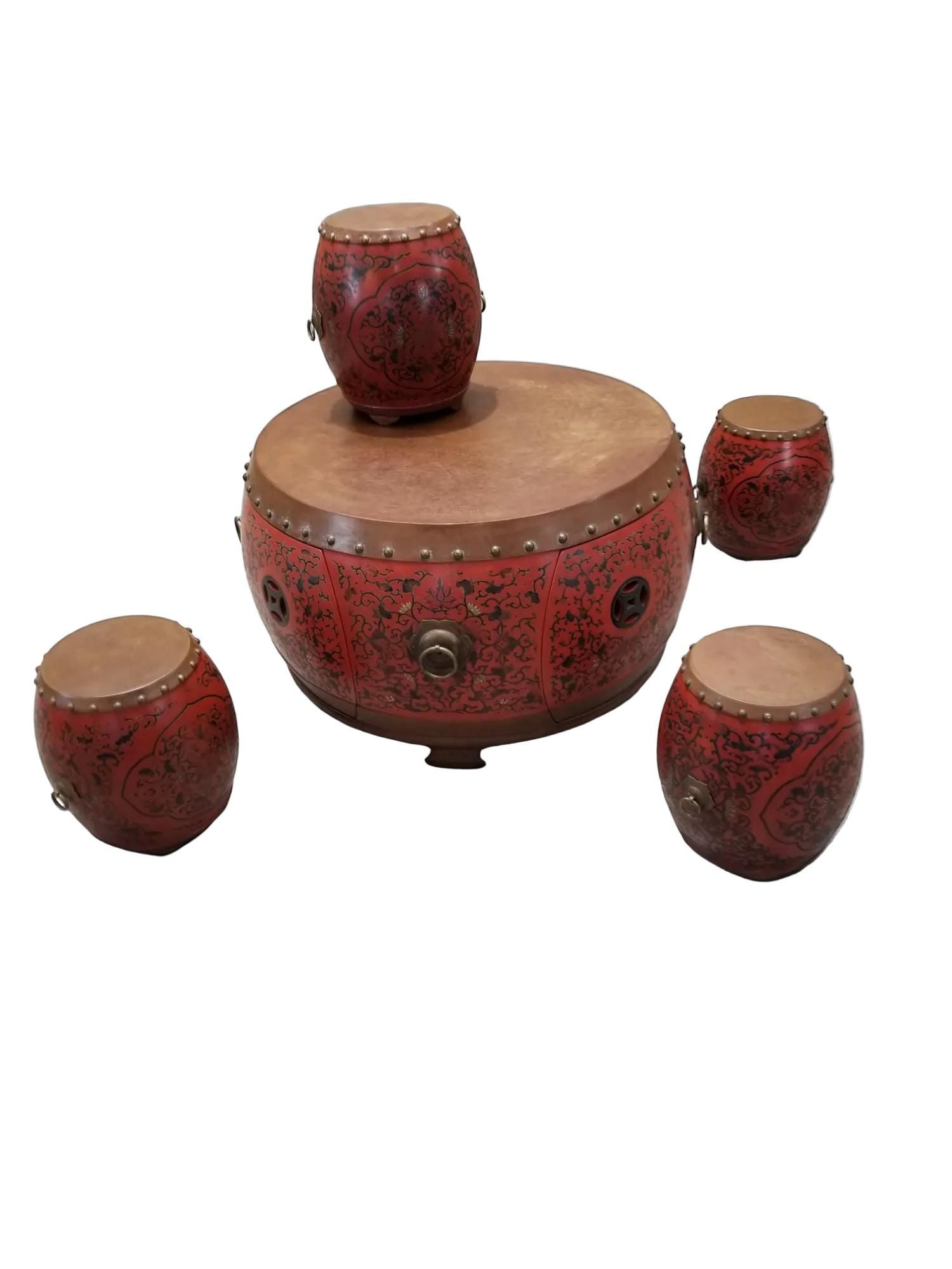 Vintage Asian Style Red Coromandel Drum Coffee/Side Table - 5