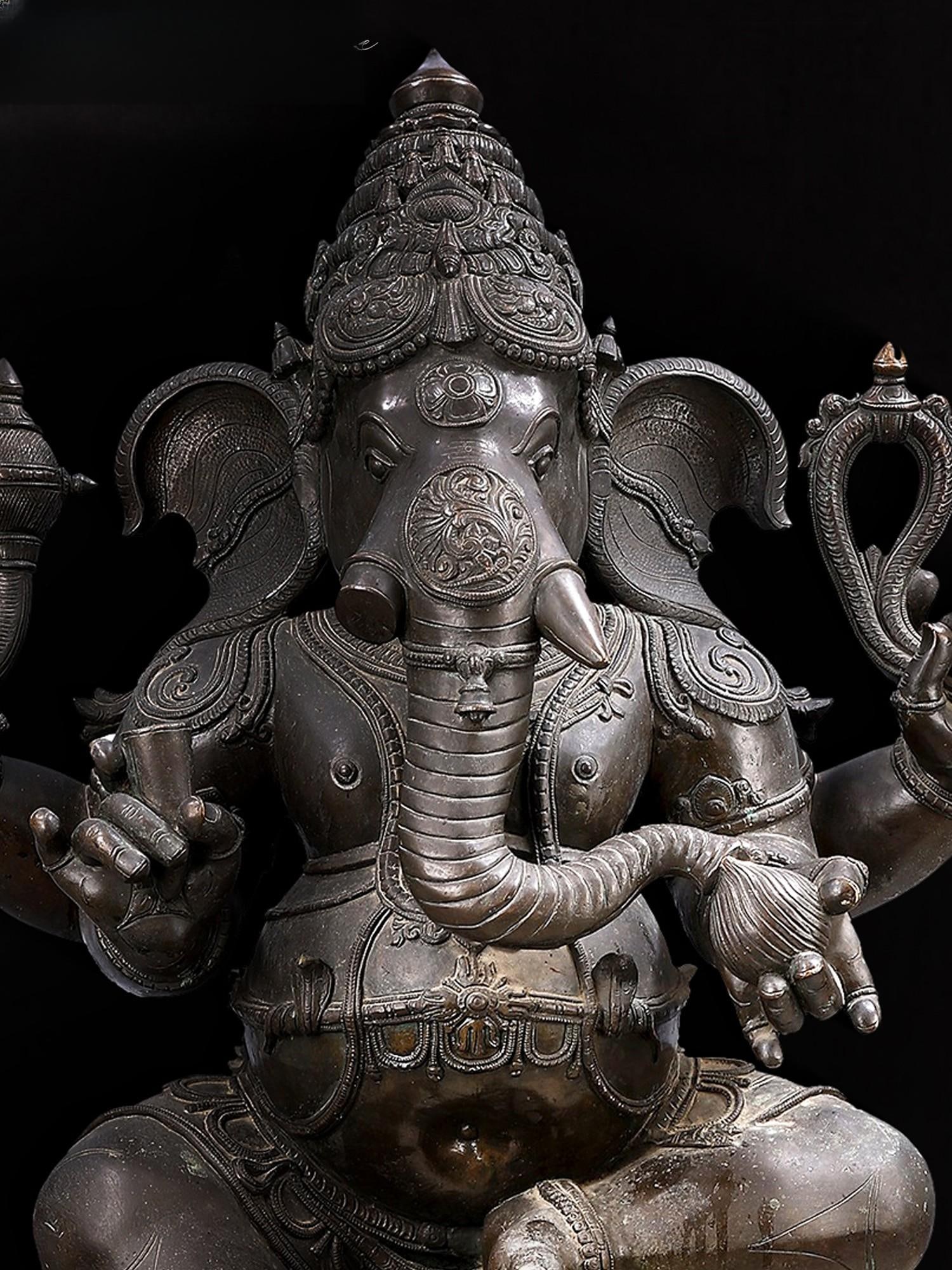 48" Large Sitting Chaturbhujadhari Bhagawan Ganapati In Panchaloha Bronze | Made in Swamimalai, - 2