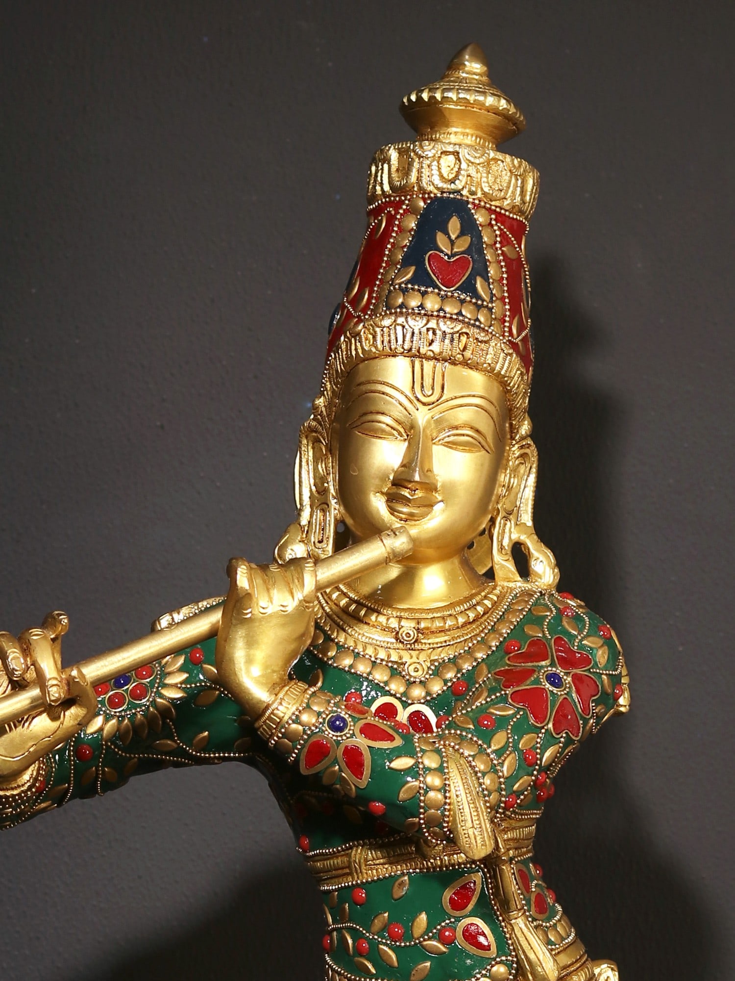 23" Bhagawan Shri Krishna Playing Flute | Brass Statue with Inlay Work - 2