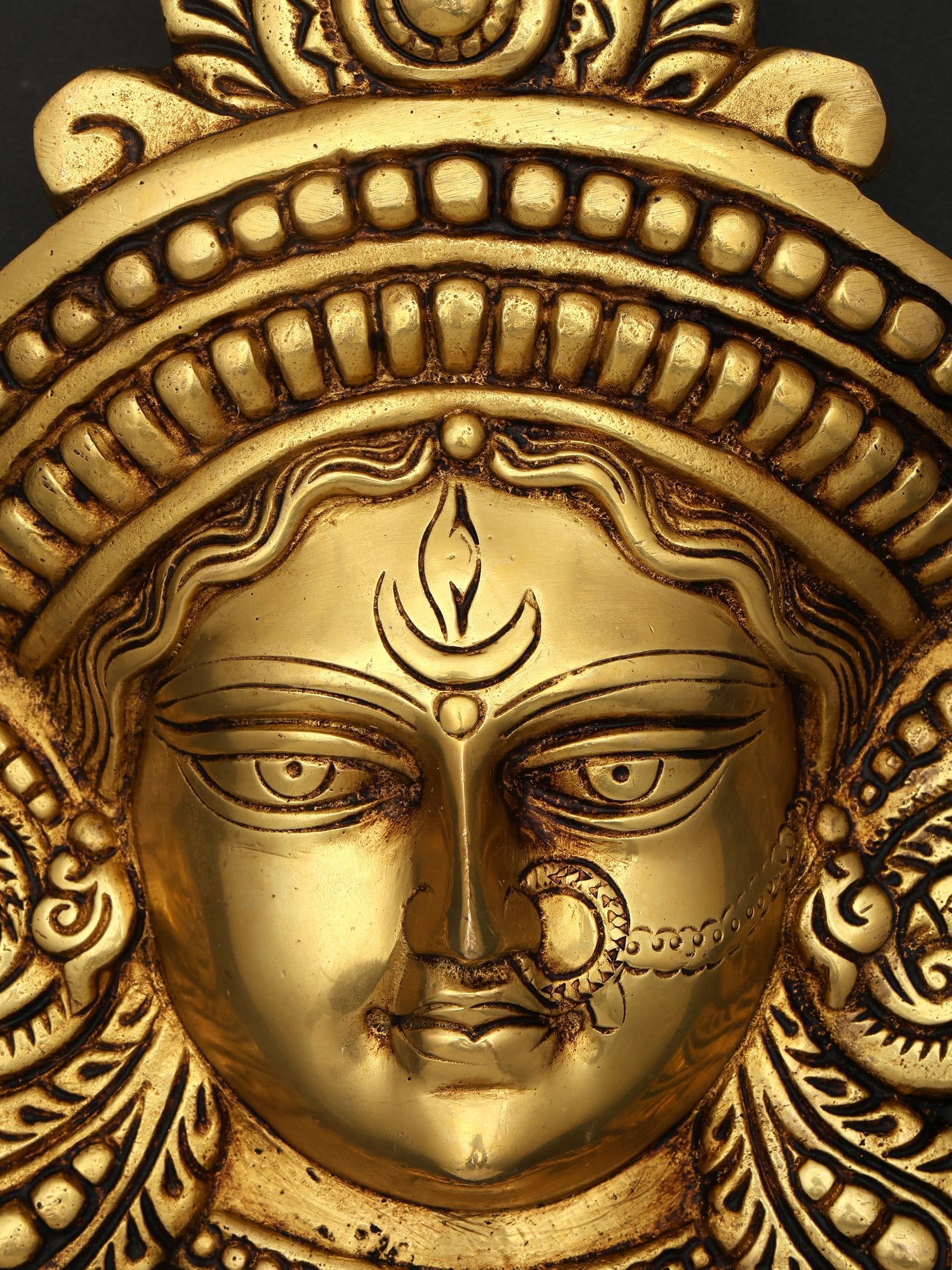 11" Maa Durga Face Mask Wall Hanging Brass Sculpture - 2