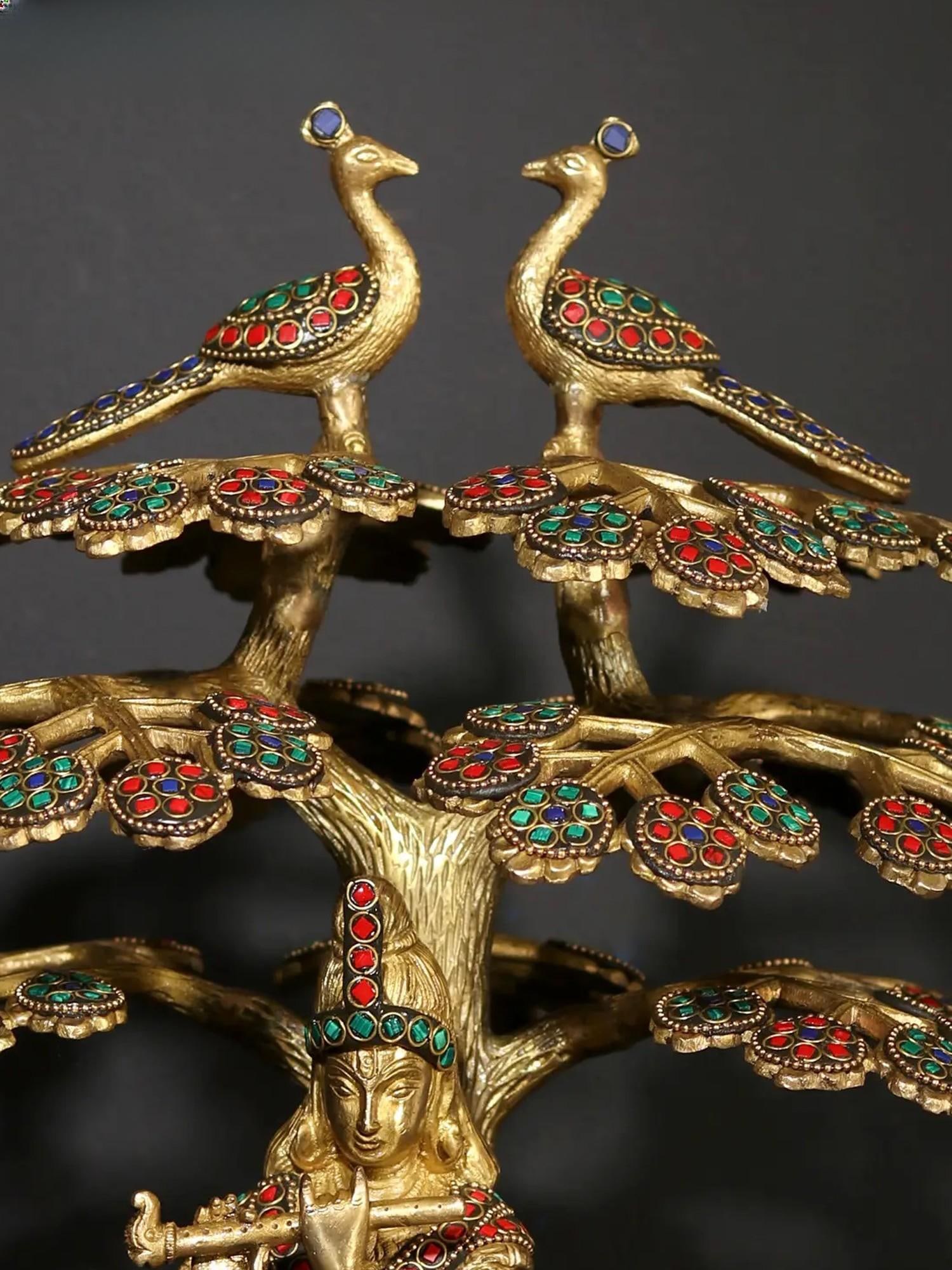 15" Bhagawan Shri Krishna Playing Flute Under The Kadamba Tree | Brass Statue with Inlay Work - 2