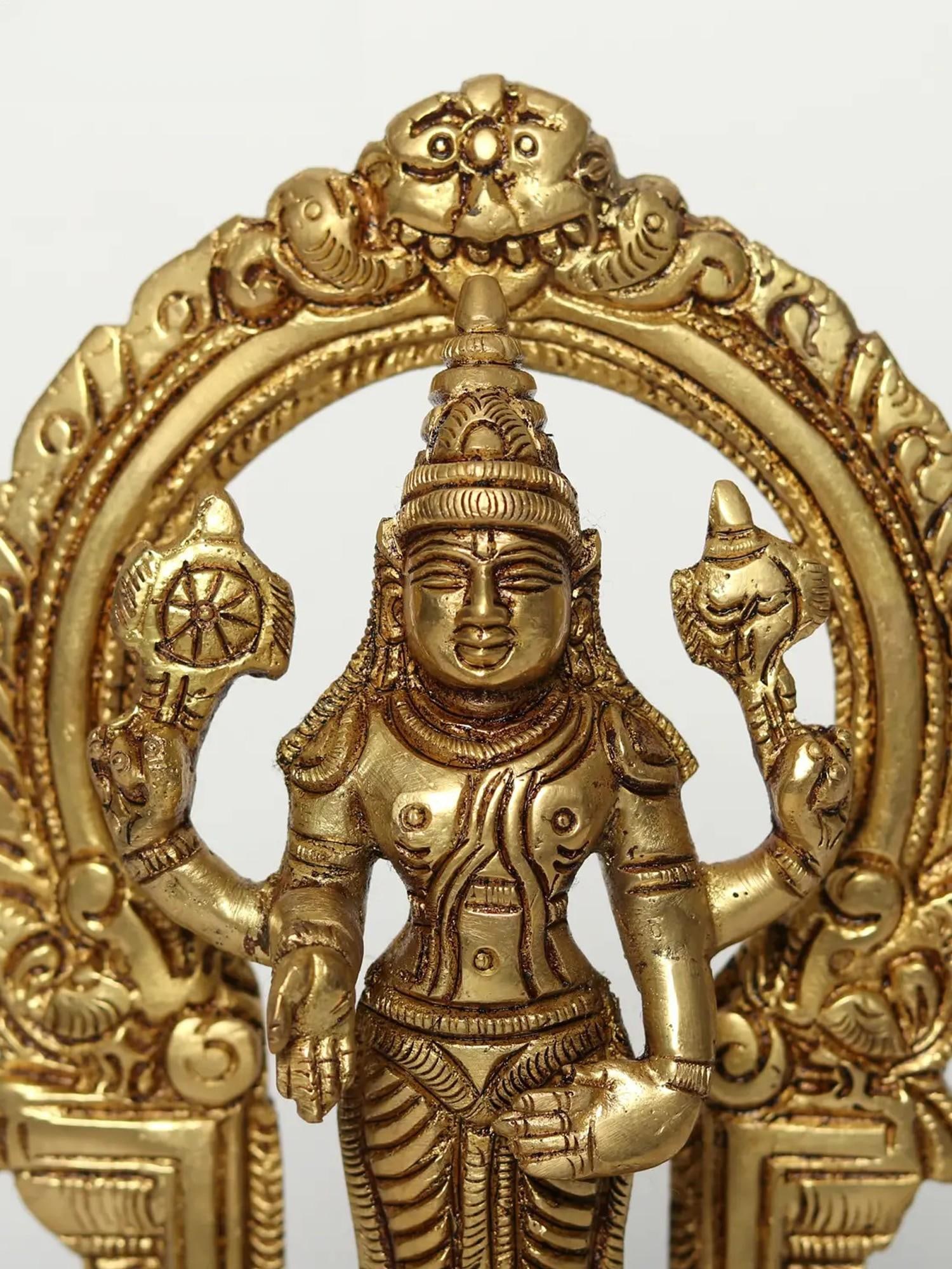 7" Brass Standing Lord Vishnu Idol on Wooden Base with Kirtimukha Arch - 2