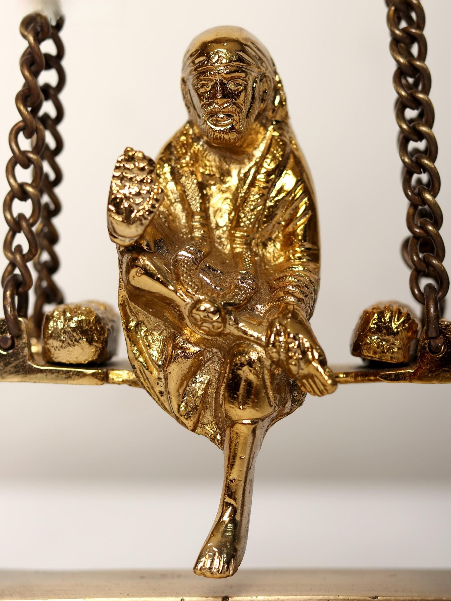 10" Shirdi Sai Baba on a Swing With Hanging Bells | Electroplated Brass Statue - 2