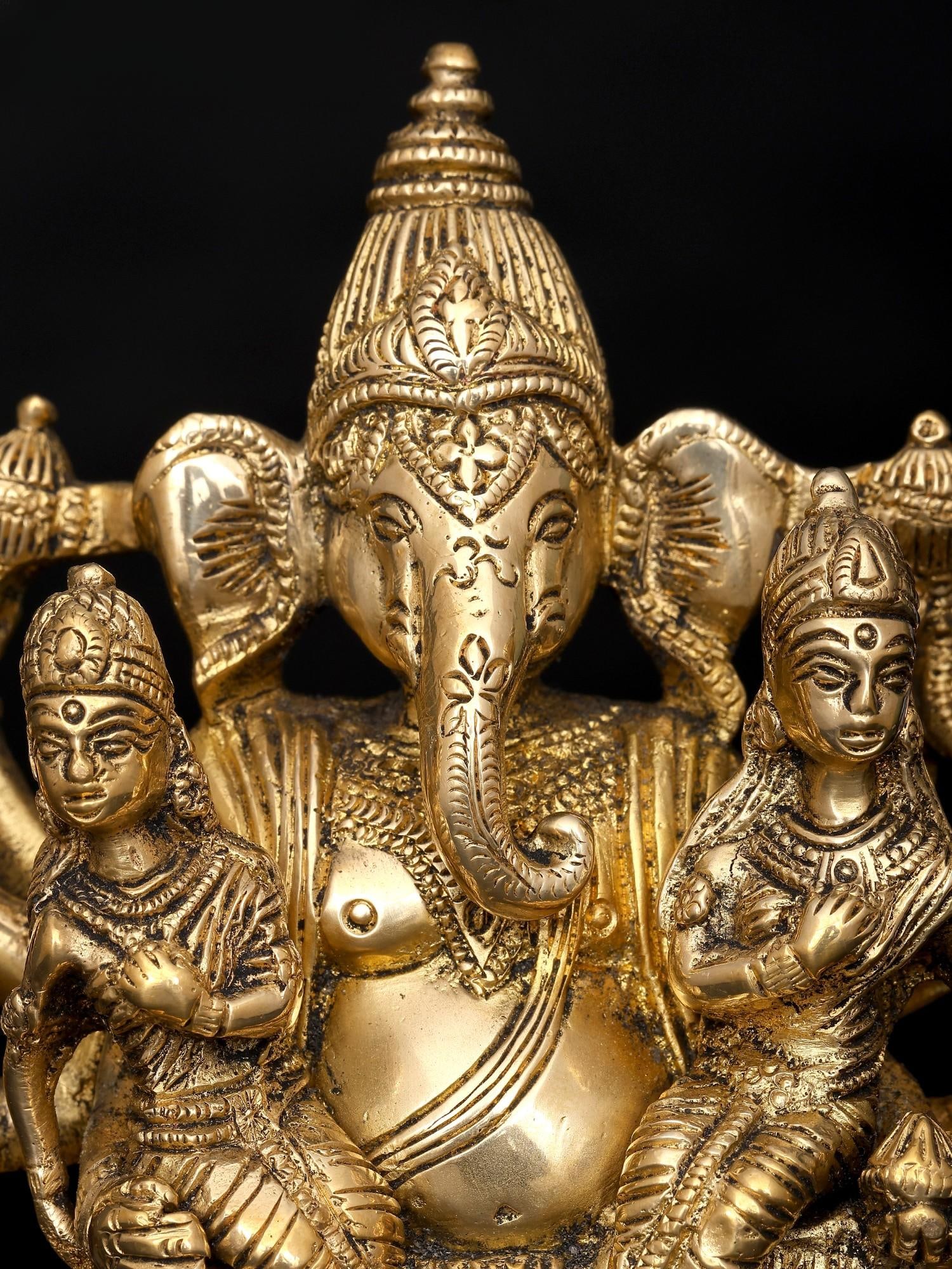 5" Small Lord Ganesha with Riddhi Siddhi | Brass Statue - 2