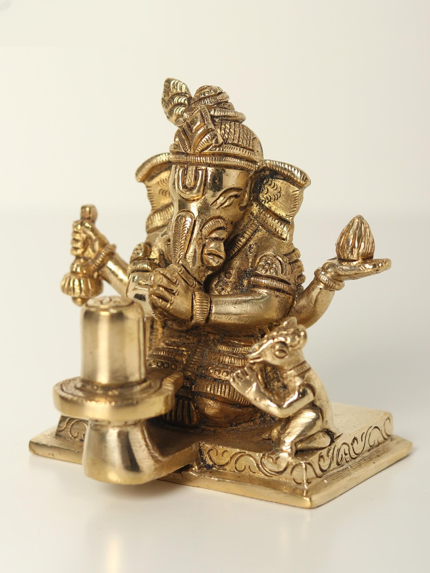 3" Small Lord Ganapati Brass Statue Worshipping Shivalinga - 2