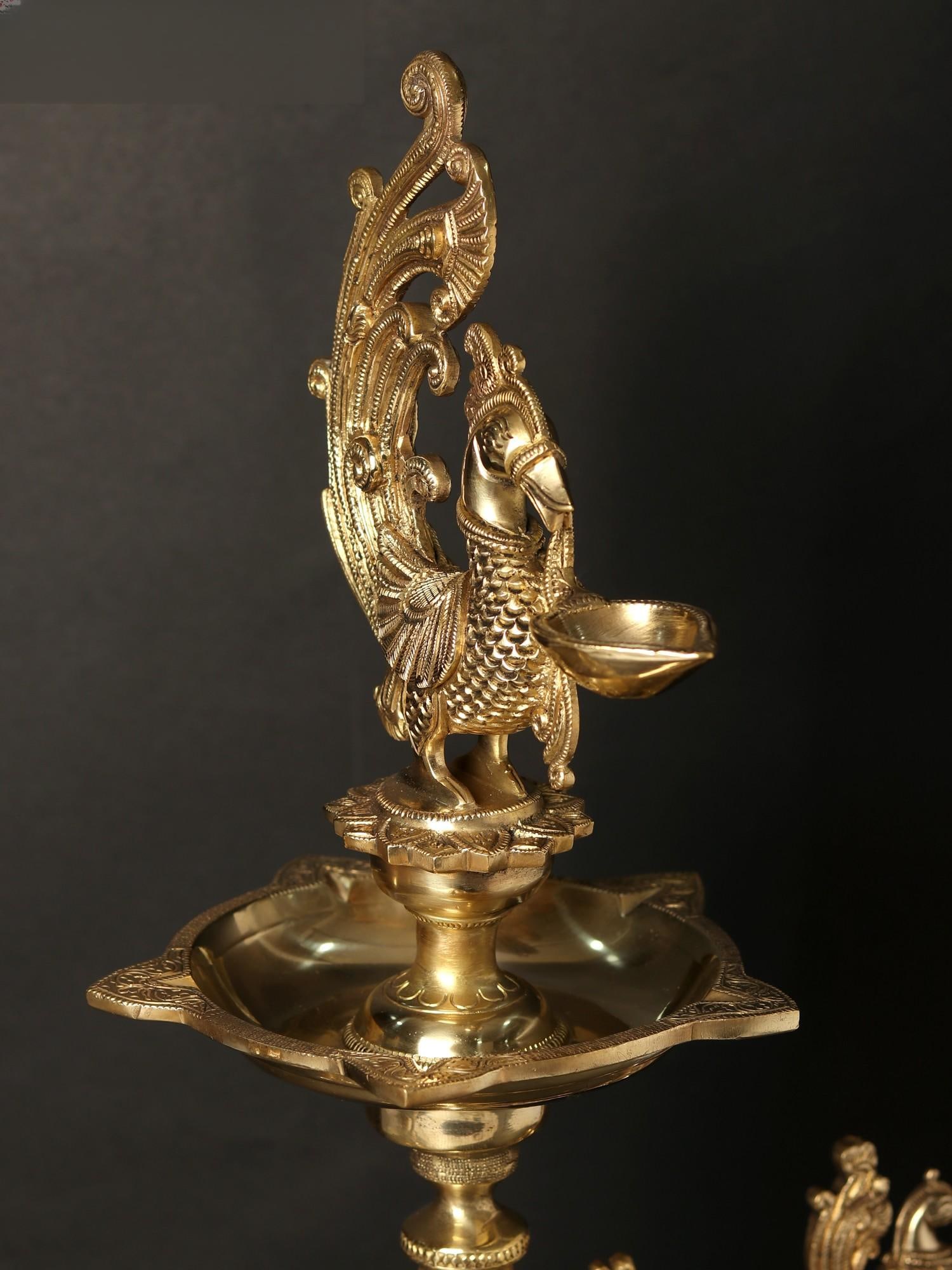 14" Sixteen Wicks Designer Peacocks and Parrots Lamp in Brass - 2