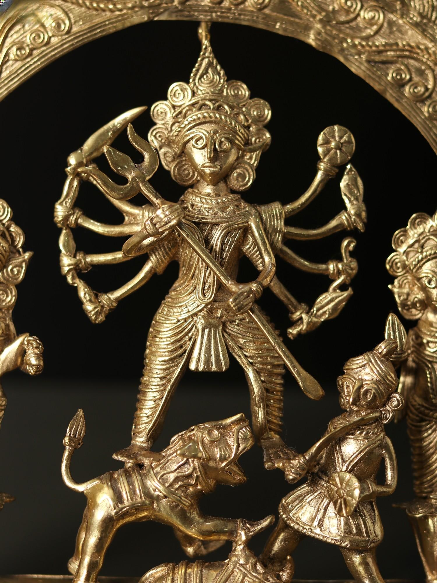 10" Goddess Mahishasur Mardini | Tribal Brass Statue | Dhokra Art - 2