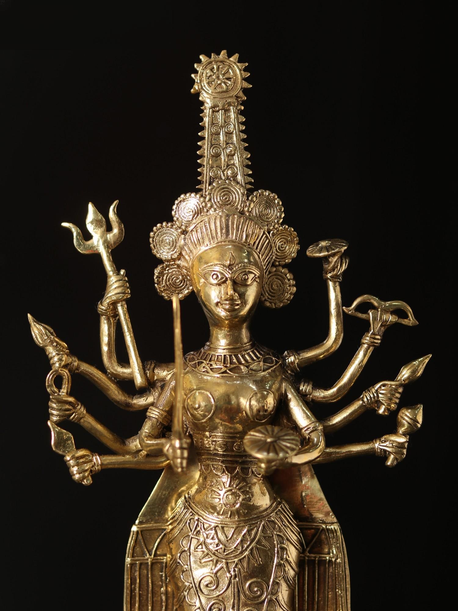 13" Standing Goddess Durga Tribal Brass Statue | Dhokra Art - 2