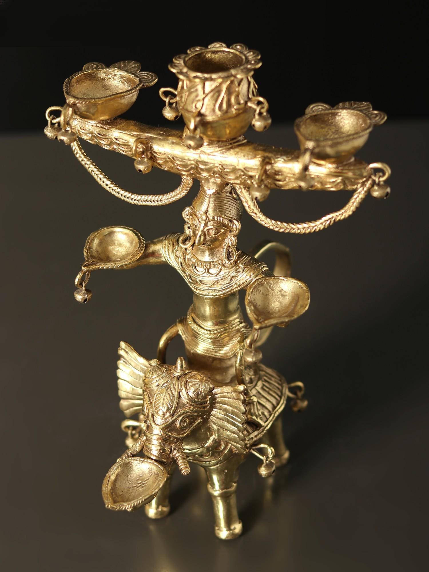 9" Dhokra Art Elephant Design Tribal Lamp in Brass - 2