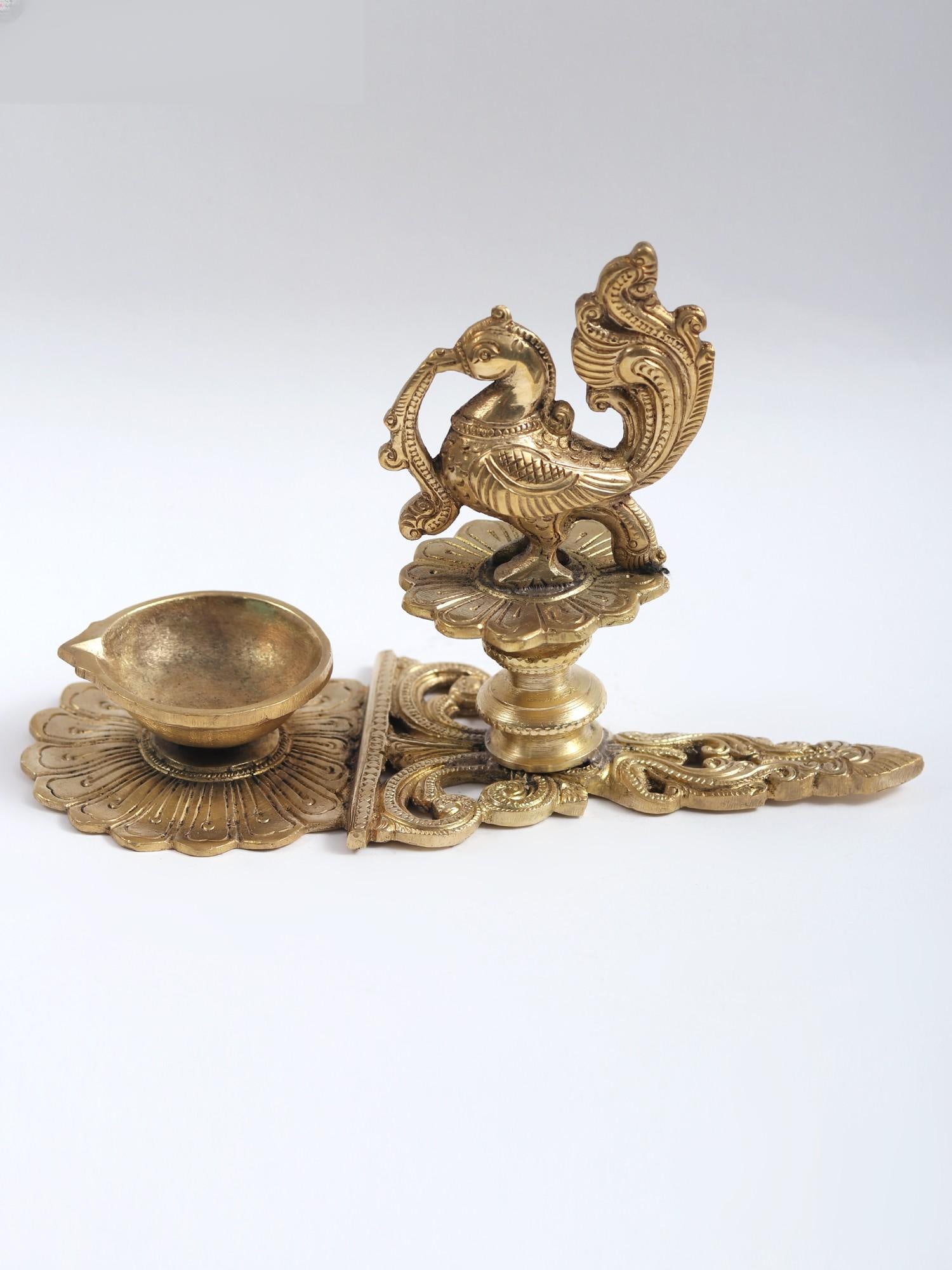 7" Brass Handheld Peacock Diya - 2