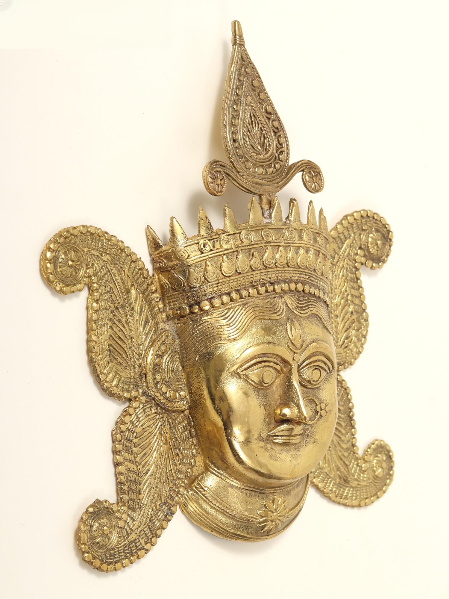 8" Tribal Goddess Durga Wall Hanging Mask in Brass - 2