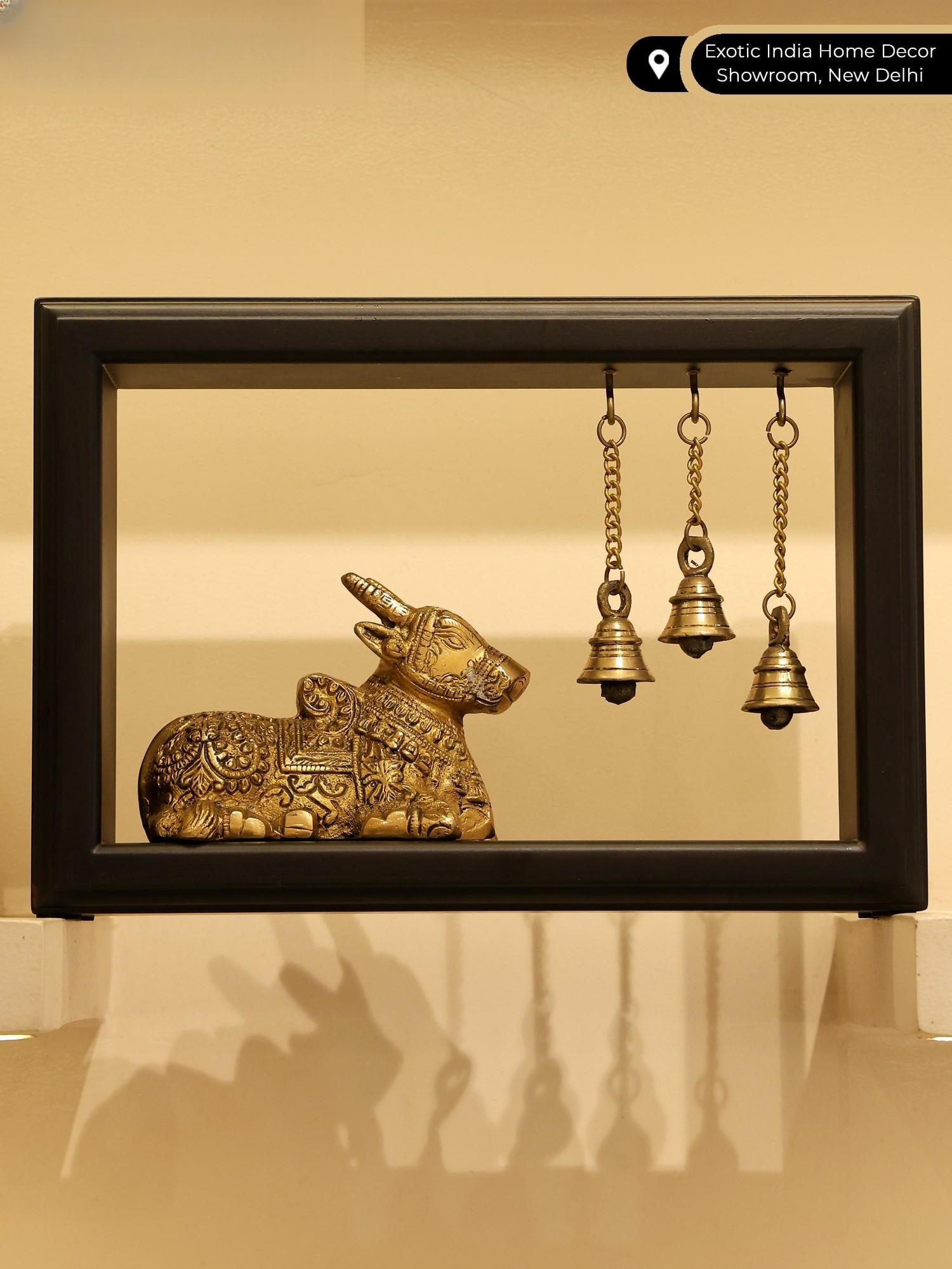 12" Wooden Framed Brass Nandi with Bells | Wall Hanging - 2