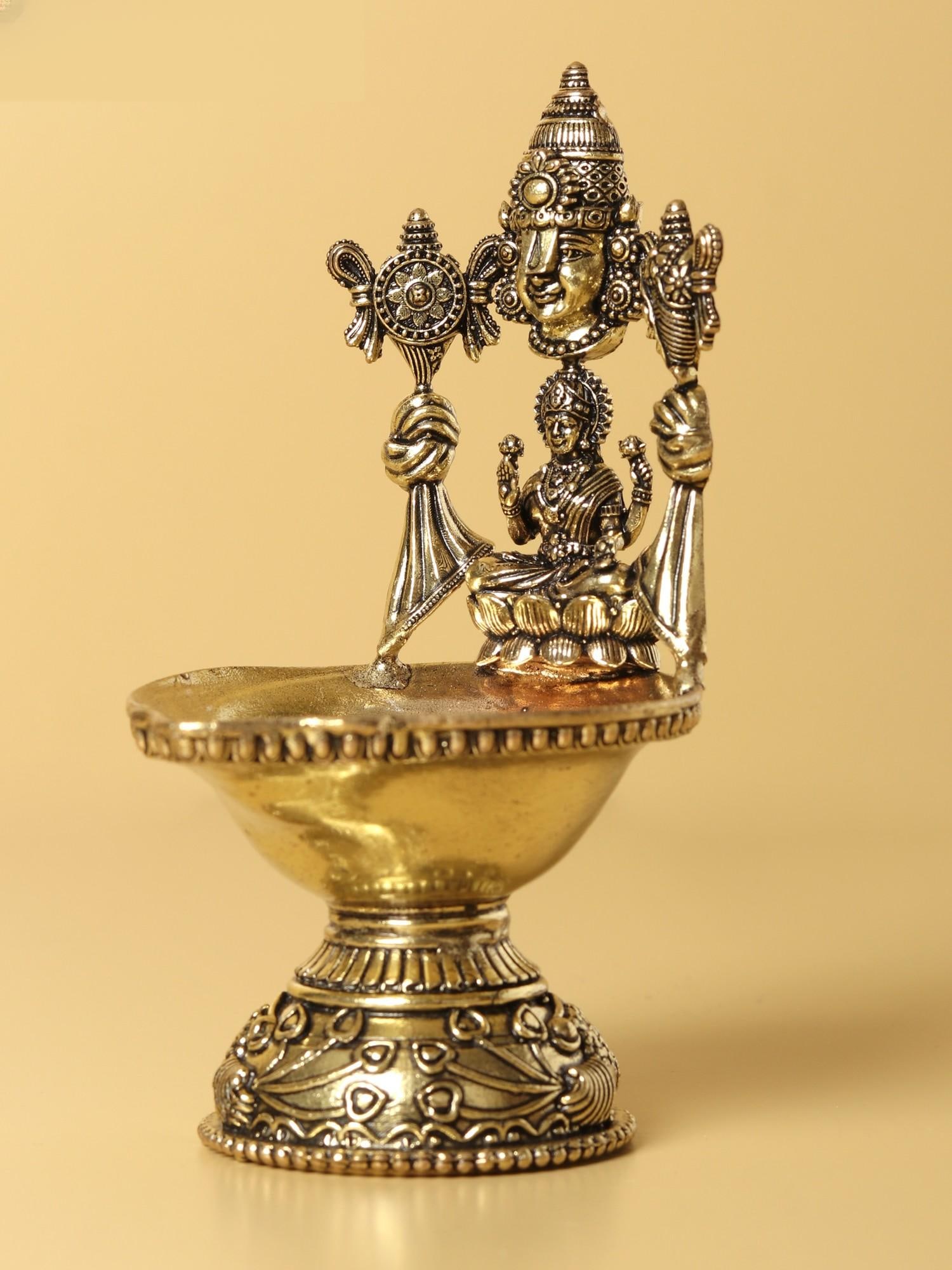 5" Small Brass Beautiful Diya of Tirupatibalaji and Goddess Lakshmi - 2