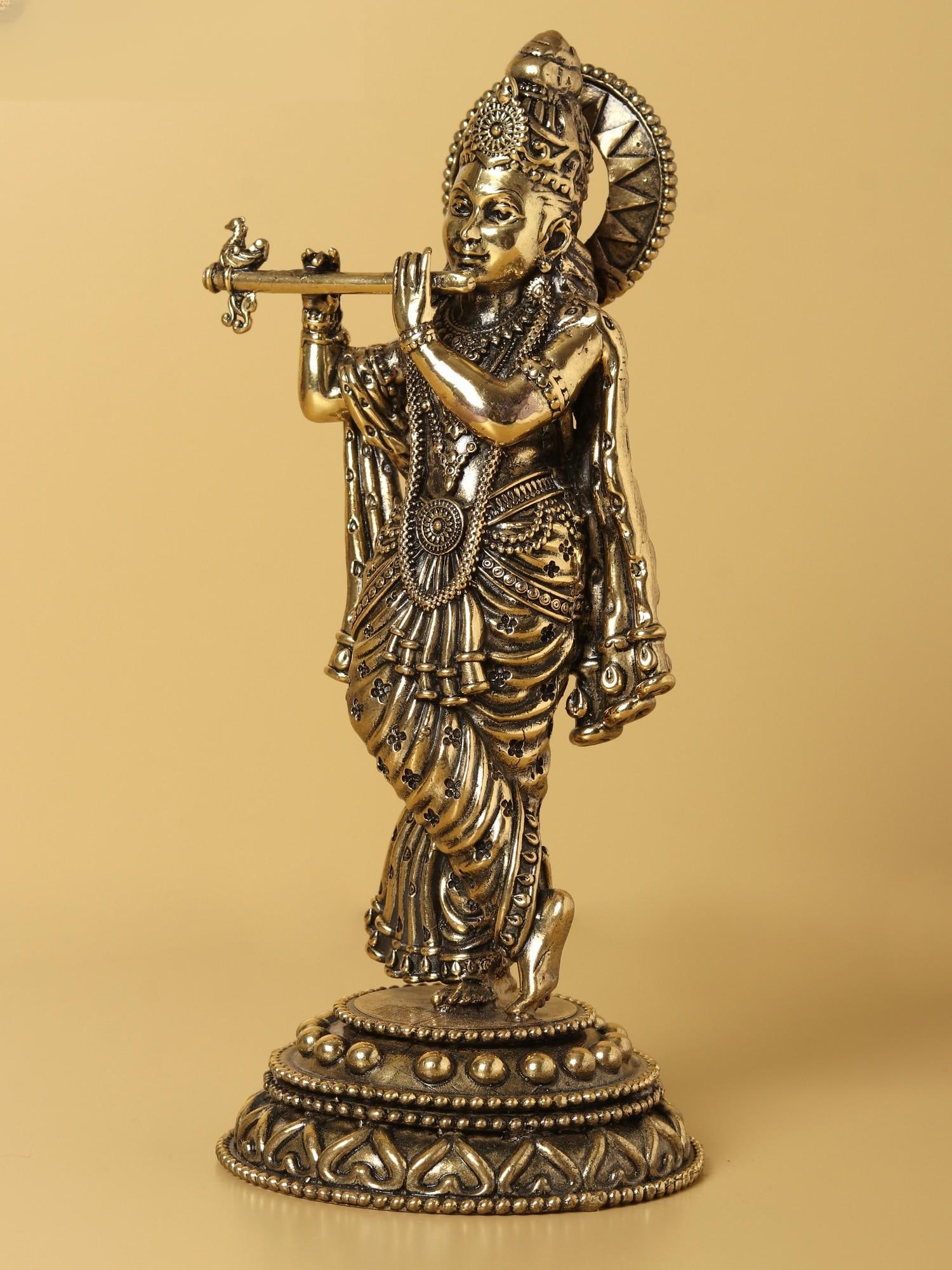 7" Brass Fine Statue of Lord Krishna Playing Flute - 2