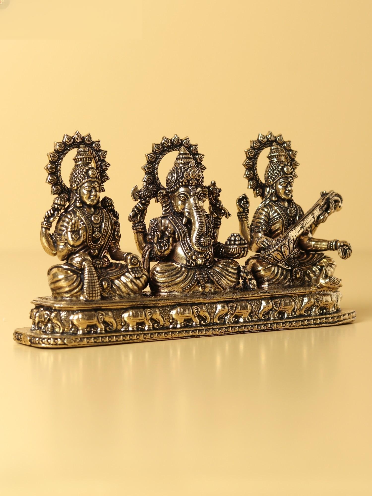 Goddess Lakshmi, Saraswati and Lord Ganesha Small Brass Idol - 2