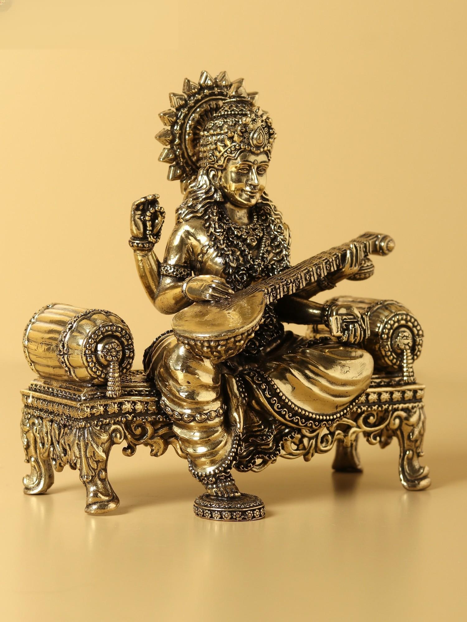 Goddess Saraswati Seated on Aasana | Small Brass Idol - 2