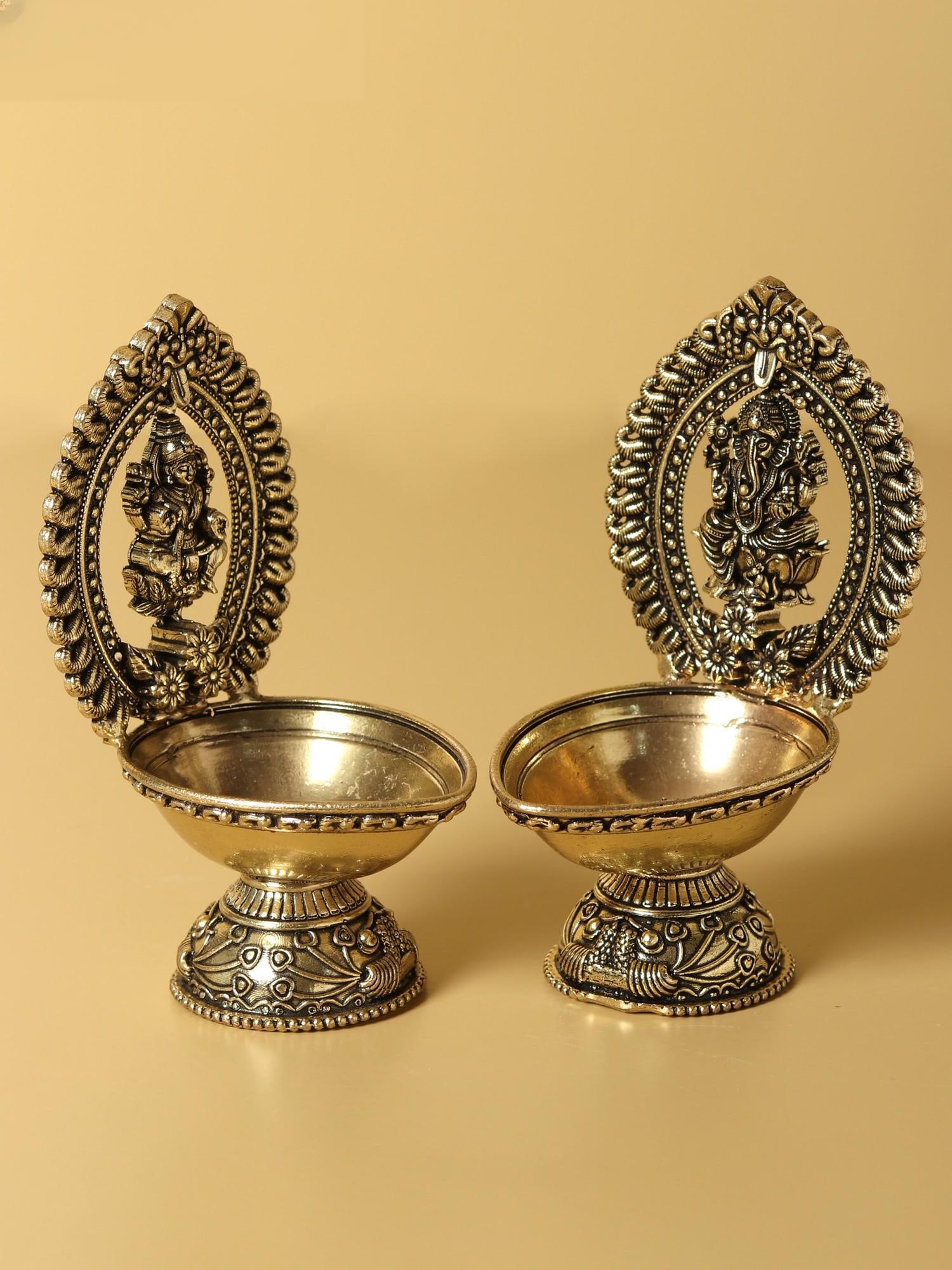 4" Fine Quality Pair of Lakshmi Ganesha Oil Lamp - 2
