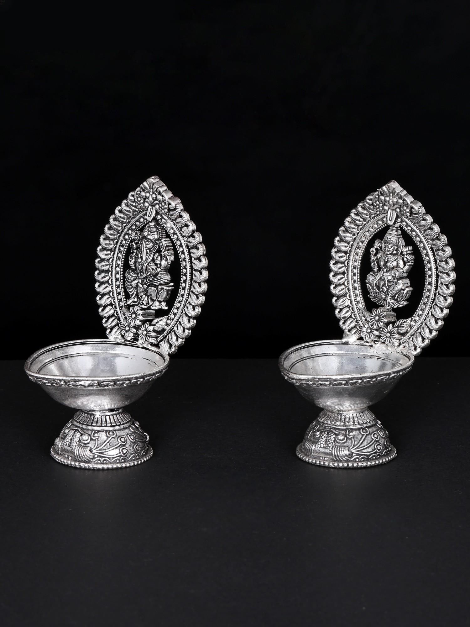 4" Fine Quality Pair of Lakshmi Ganesha Oil Lamp - 2