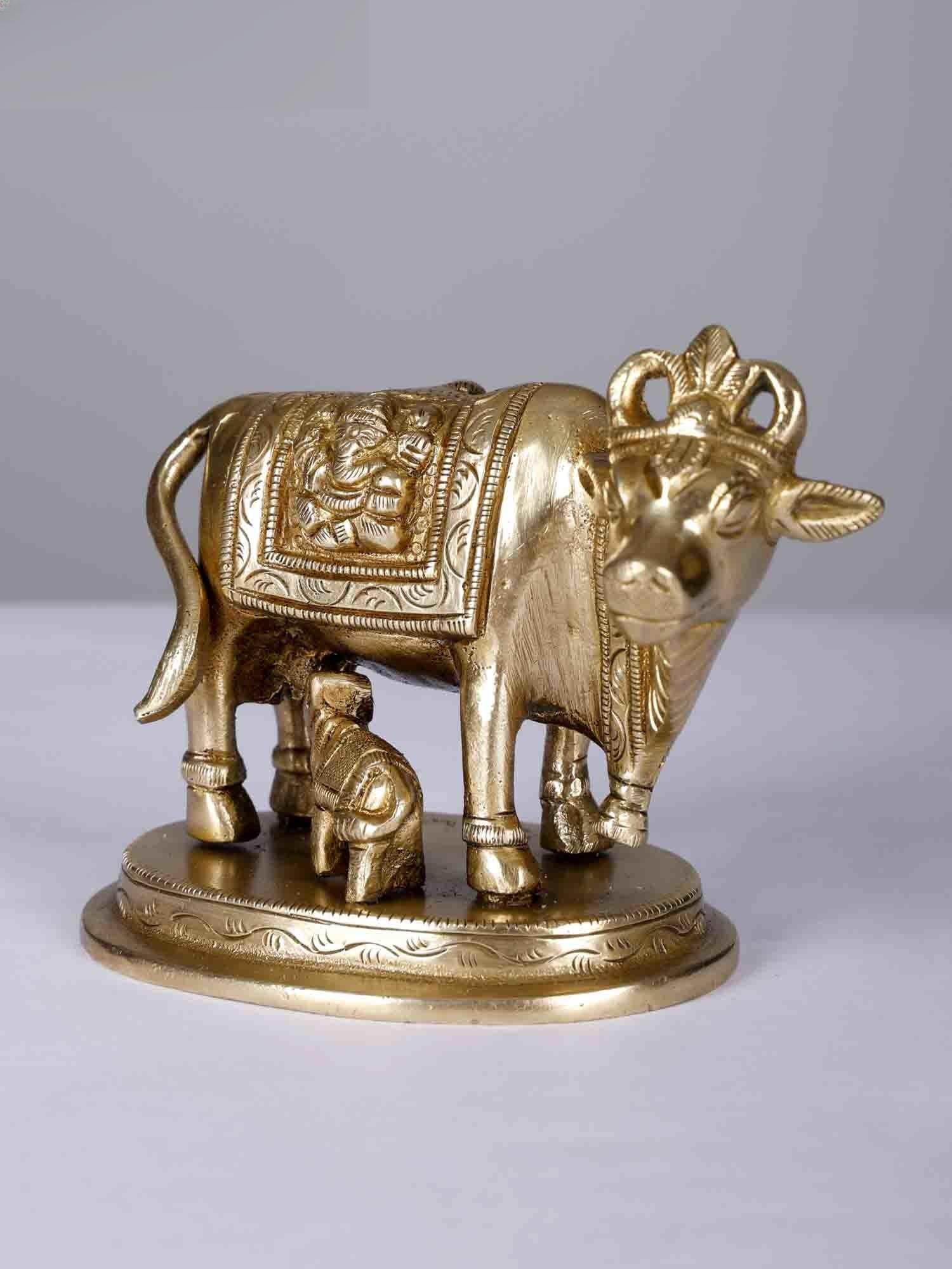 4" Small Goddess Kamdhenu Cow Idol with Calf | Brass statue - 2