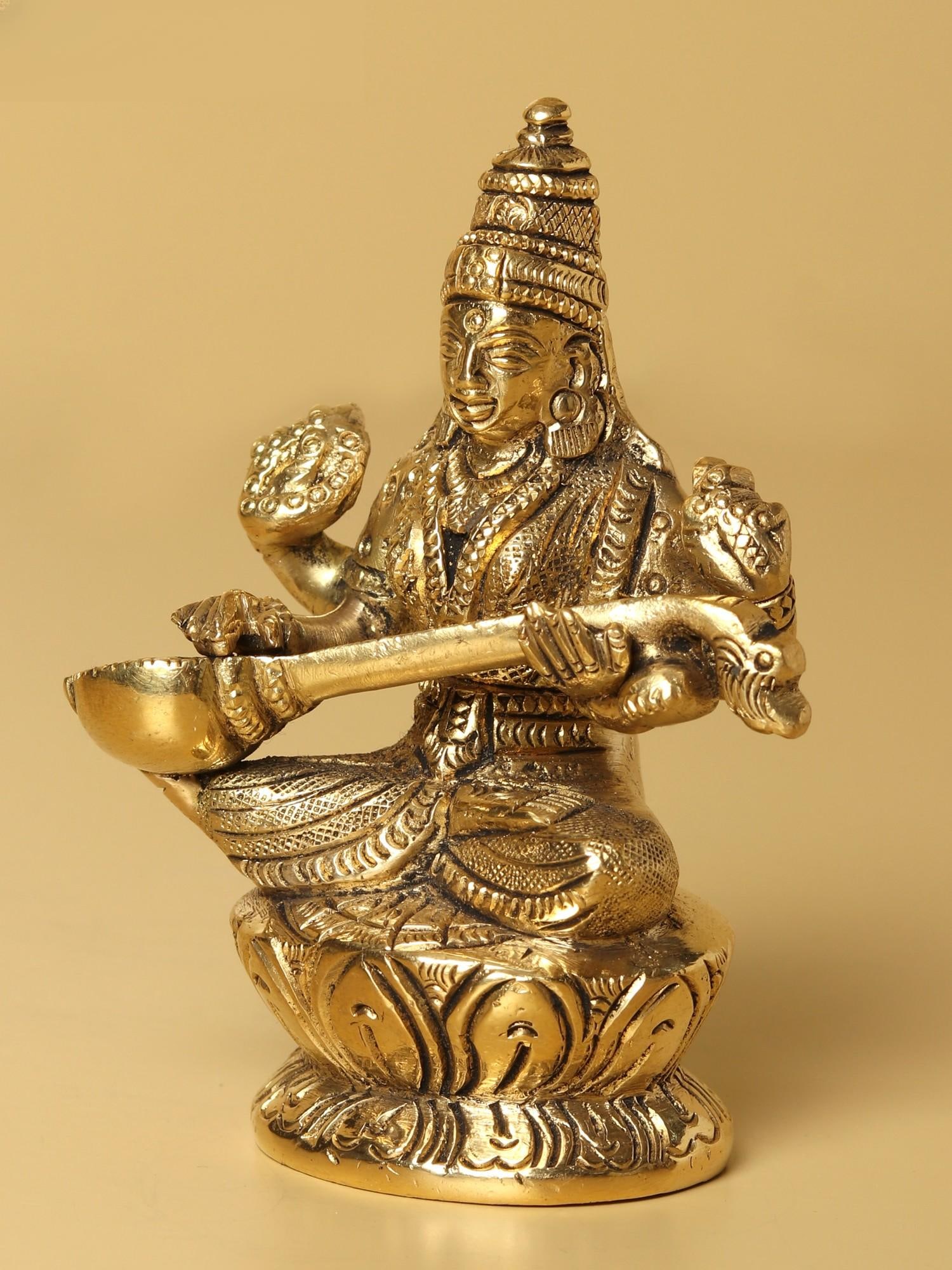 3" Small Brass Goddess Saraswati Idol Seated on Lotus Pedestal - 2