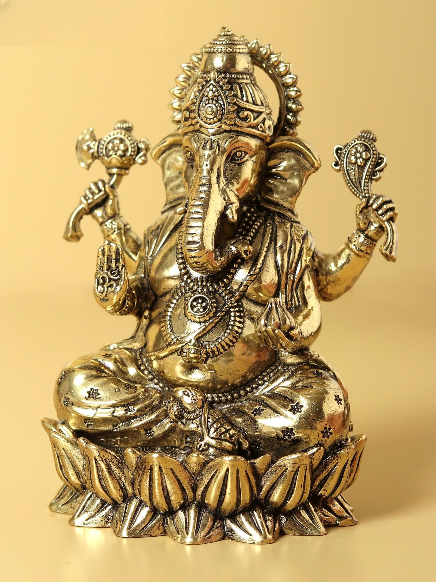 Small Superfine Chaturbhuja Lord Ganesha Idol Seated on Lotus (Multiple Sizes) - 2