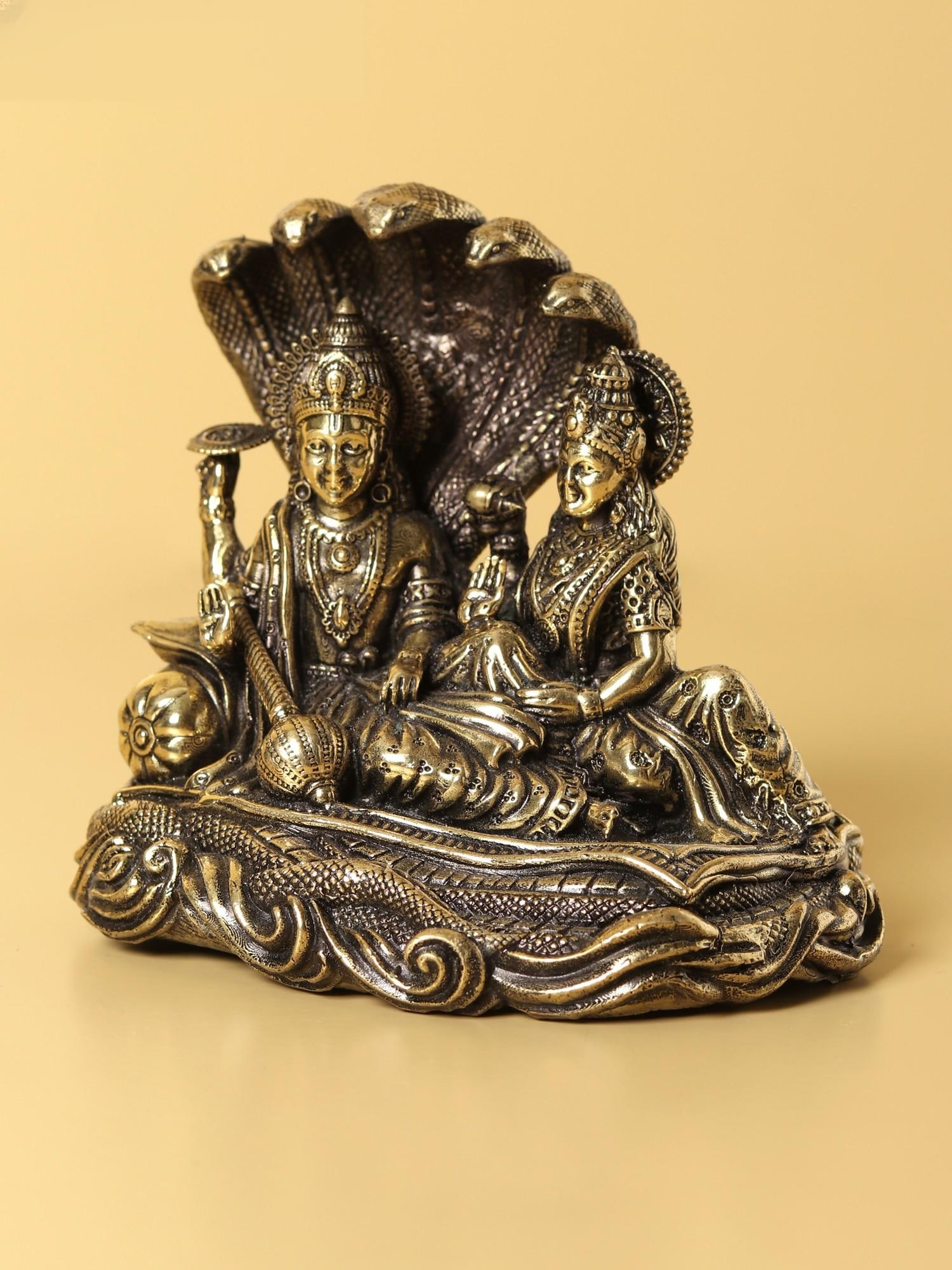 Small Superfine Lakshmi Narayana Brass Statue Seated on Sheshnag (Multiple Sizes) - 2