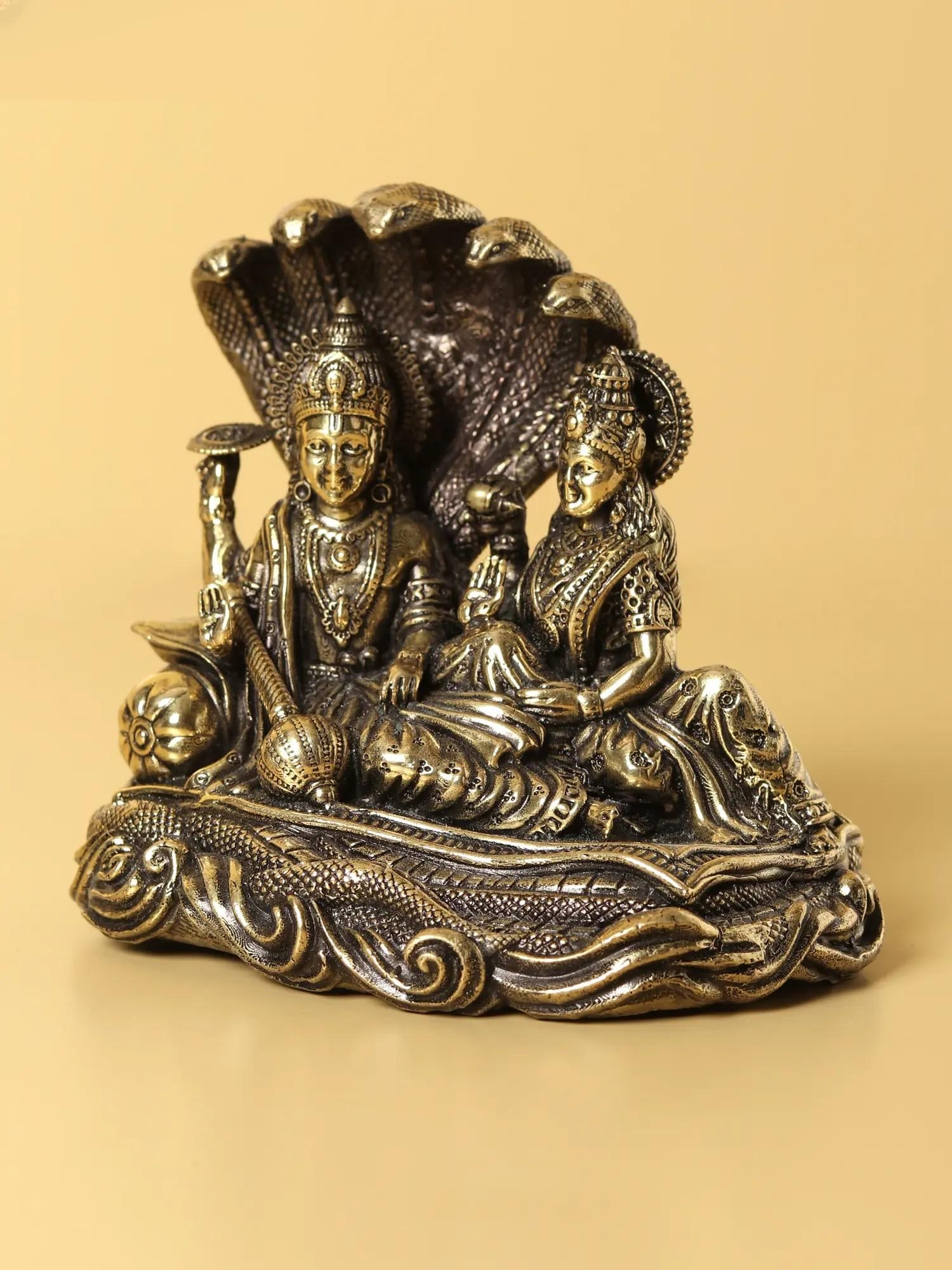 Small Superfine Lakshmi Narayana Brass Statue Seated on Sheshnag (Multiple Sizes) - 2