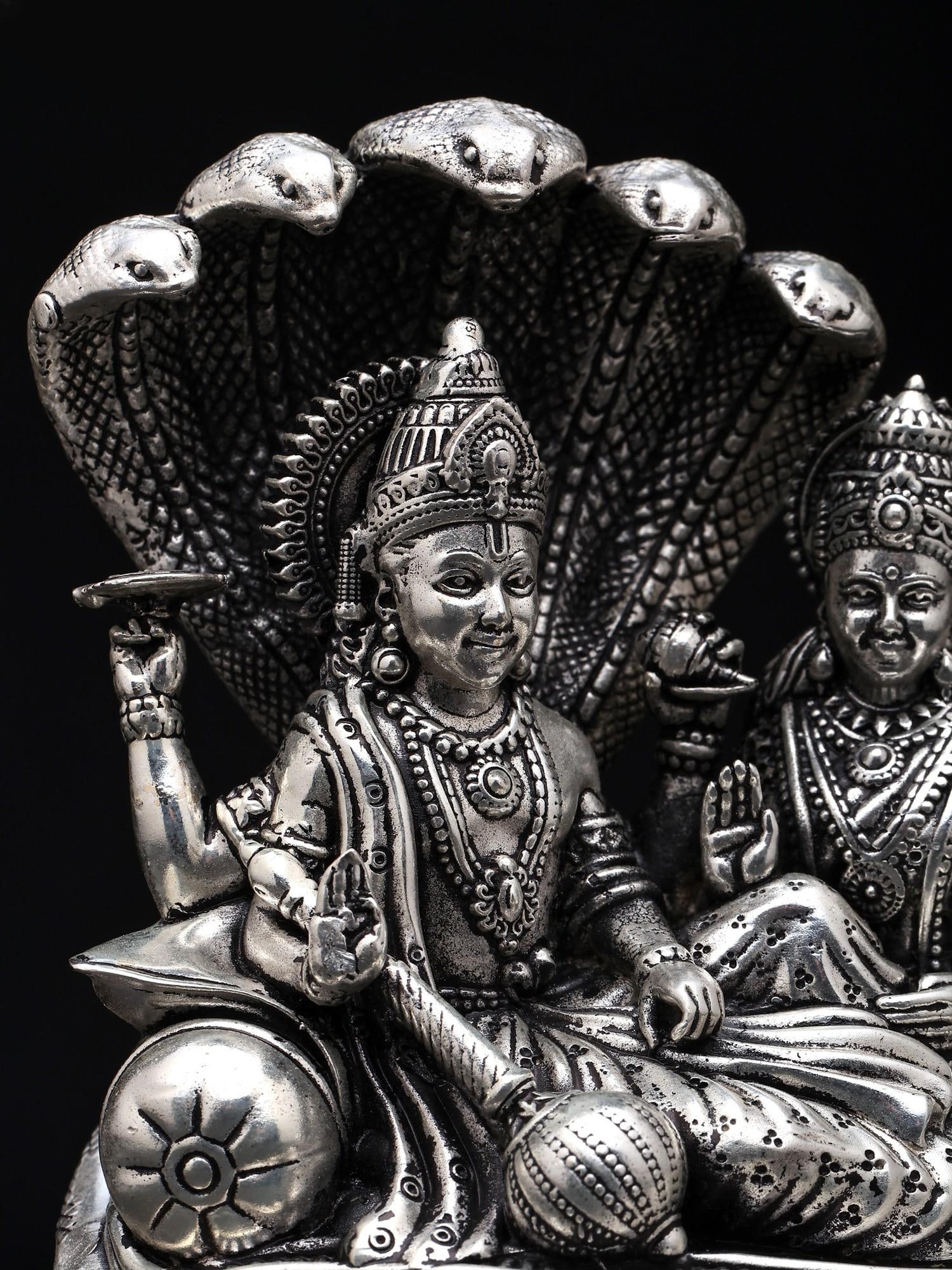 Small Superfine Lakshmi Narayana Brass Statue Seated on Sheshnag (Multiple Sizes) - 2