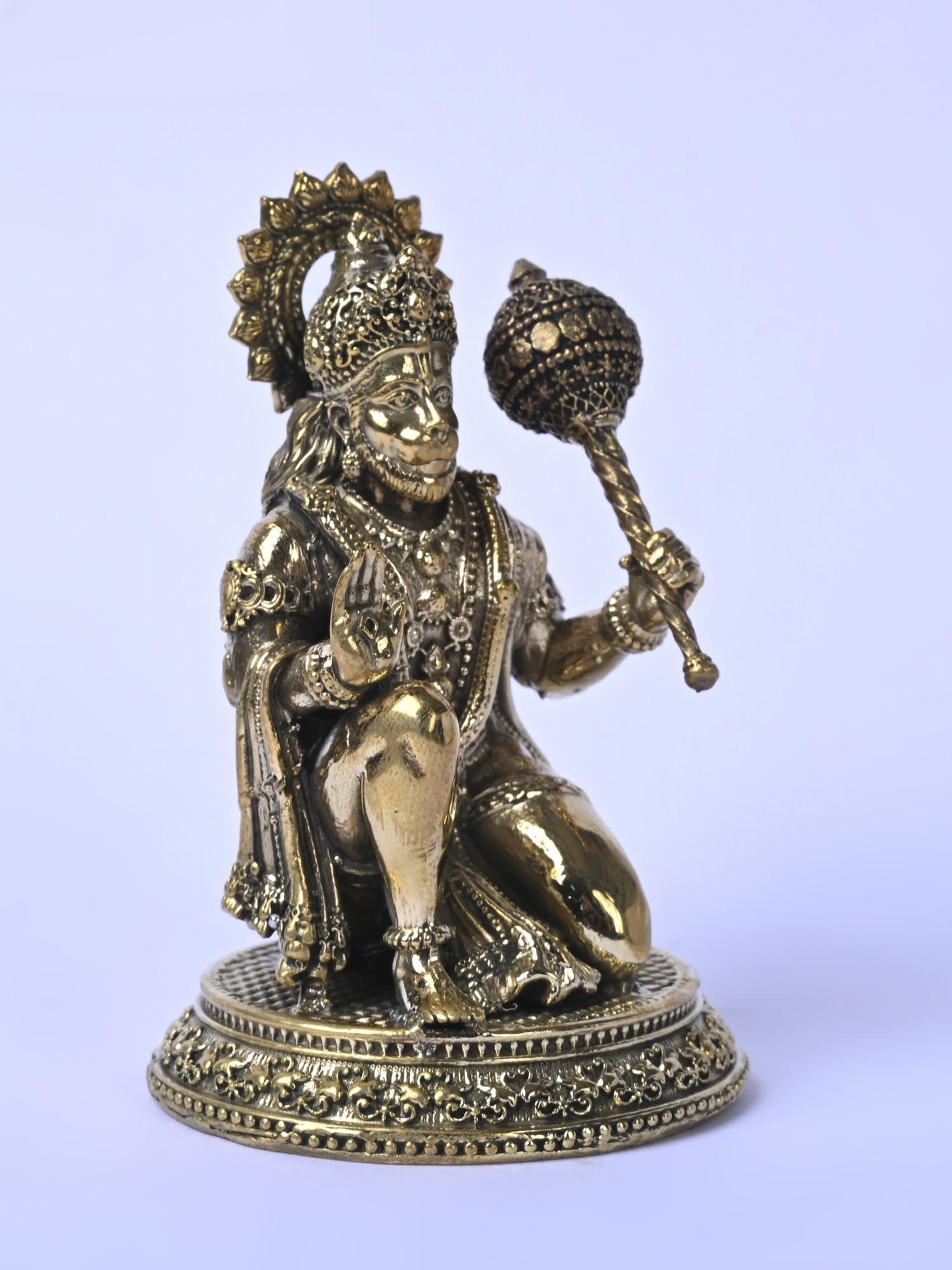 Small Fine Quality Sitting Lord Hanuman Idol in Blessing Gesture | Brass Statue - 2