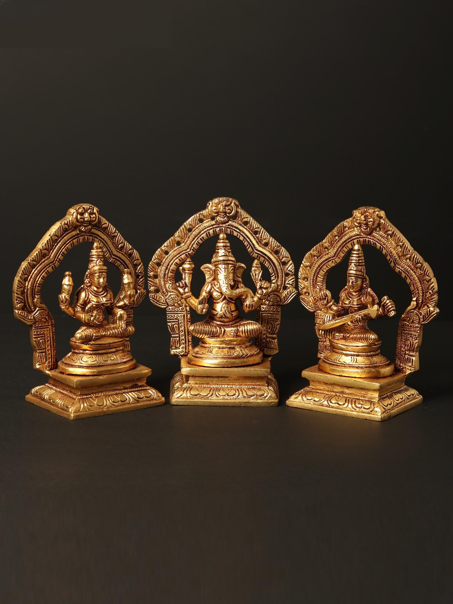 5" Small Set of Lakshmi Ganesha Saraswati Brass Statues - 2