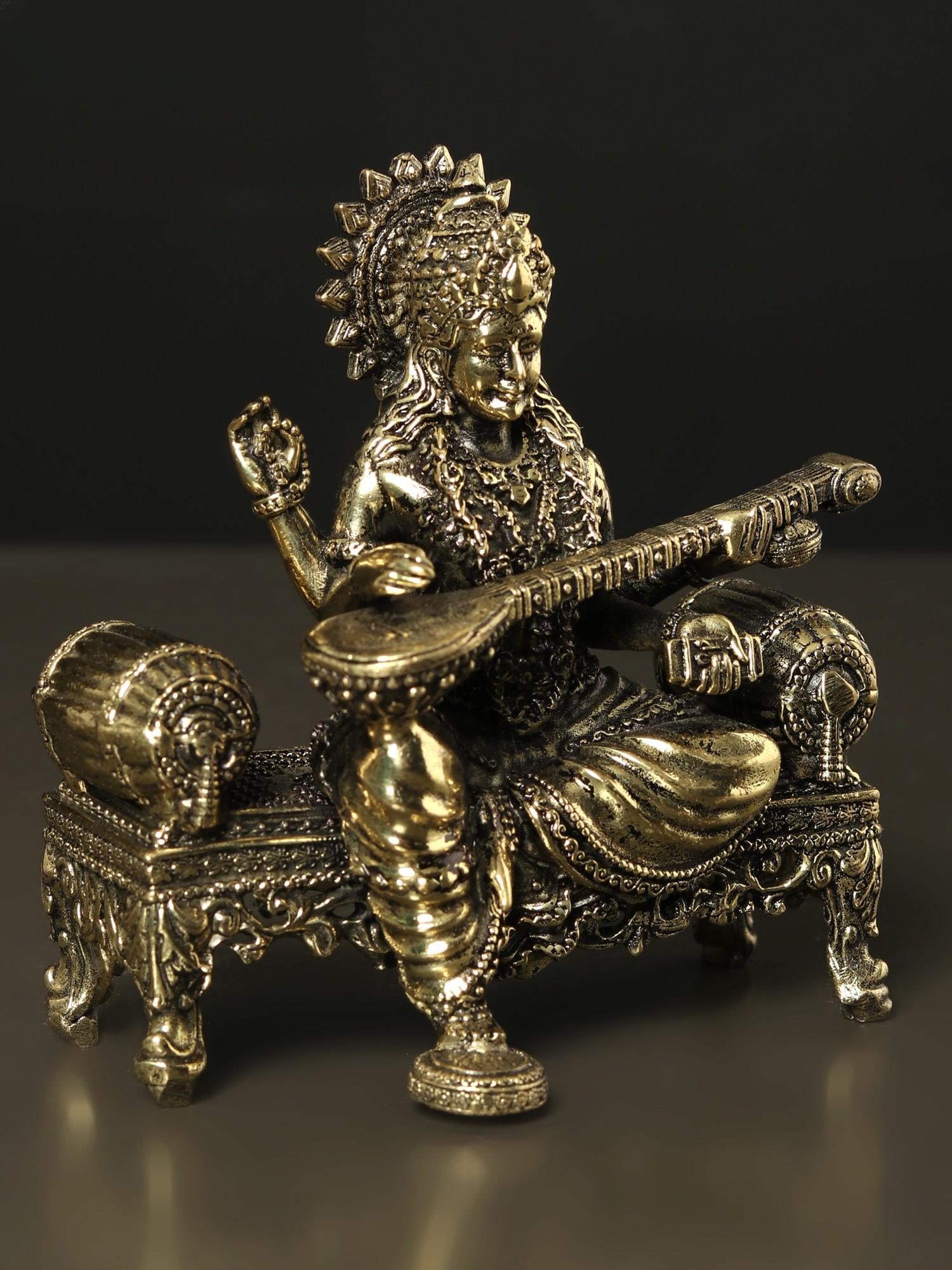 Superfine Goddess Saraswati Idol Seated on Singhasan | Brass Statue - 2