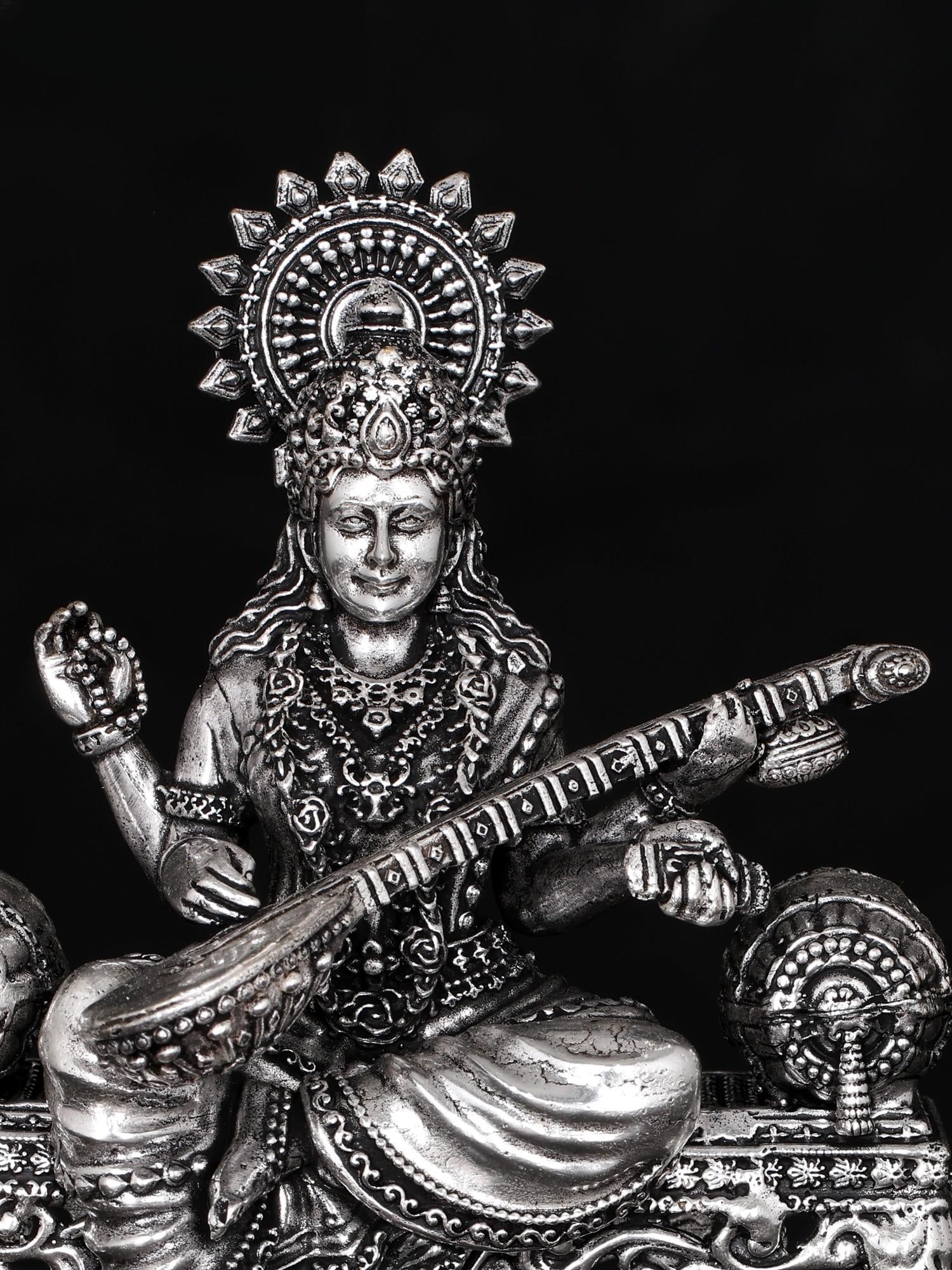 Superfine Goddess Saraswati Idol Seated on Singhasan | Brass Statue - 2