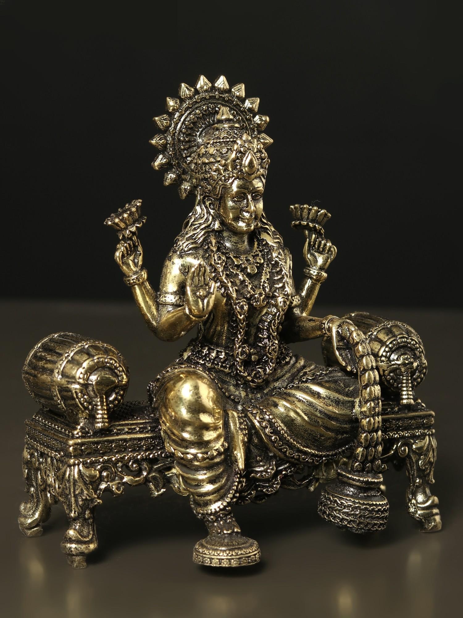 Superfine Goddess Lakshmi Seated on Singhasan | Small Brass Sculpture - 2