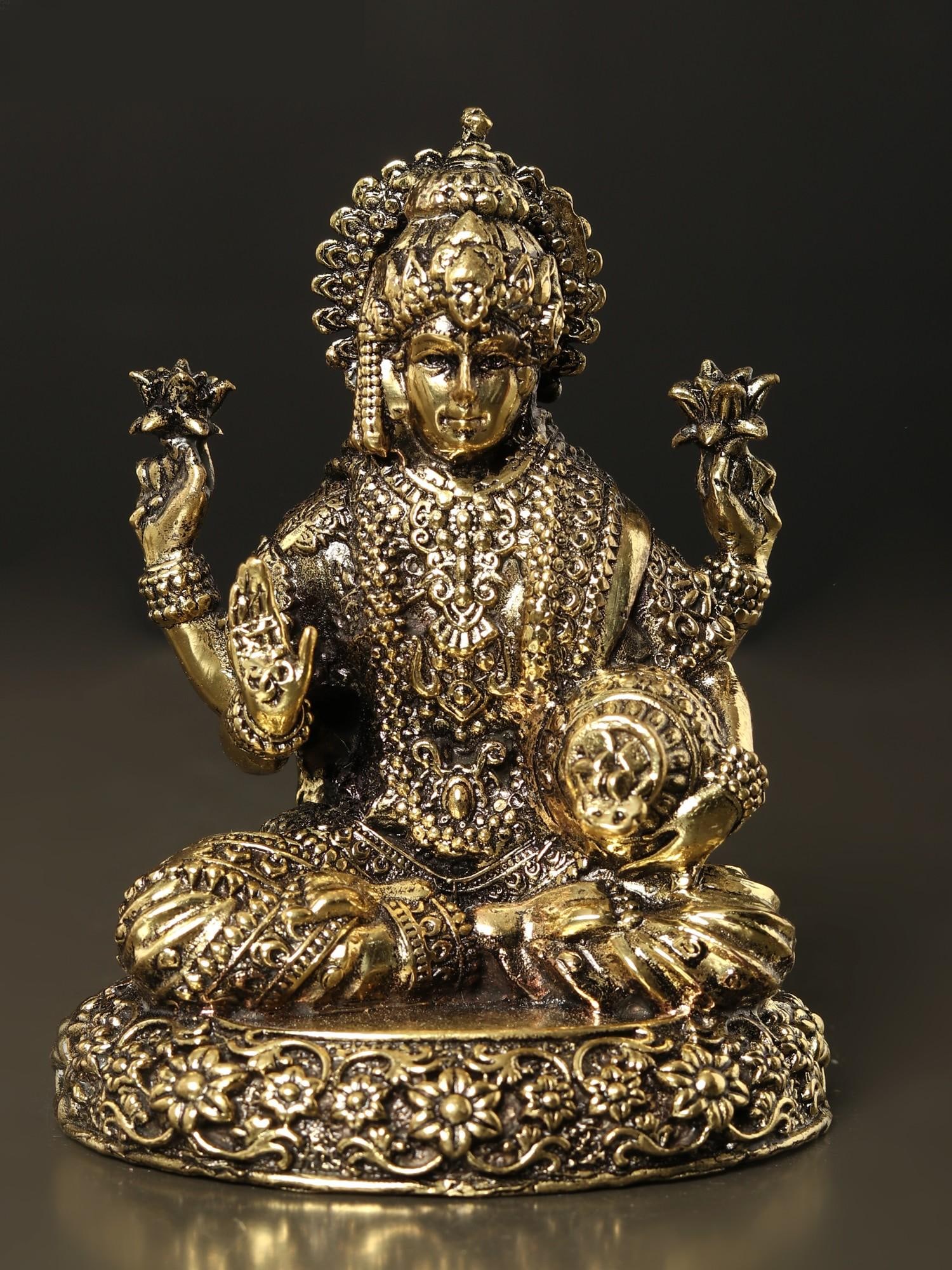Small Superfine Blessing Lakshmi Brass Statue (Multiple Sizes): Title: Small Superfine Blessing Lakshmi Brass Statue (Multiple Sizes) Description: Goddess Lakshmi, “also Known as Shri”, the embodiment of beauty and abundance, graces the ornate podium i