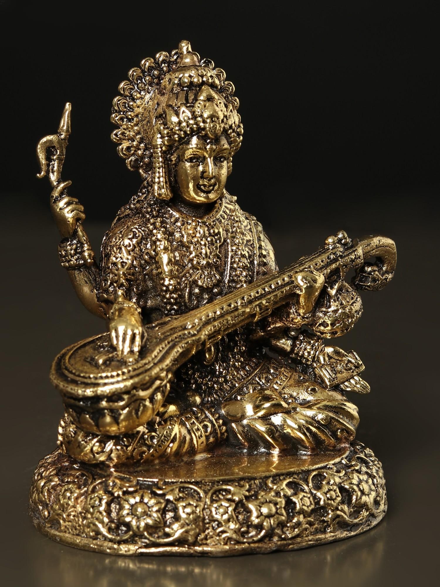 Small Goddess Saraswati Brass Statue | Artisan Crafted Idol - 2