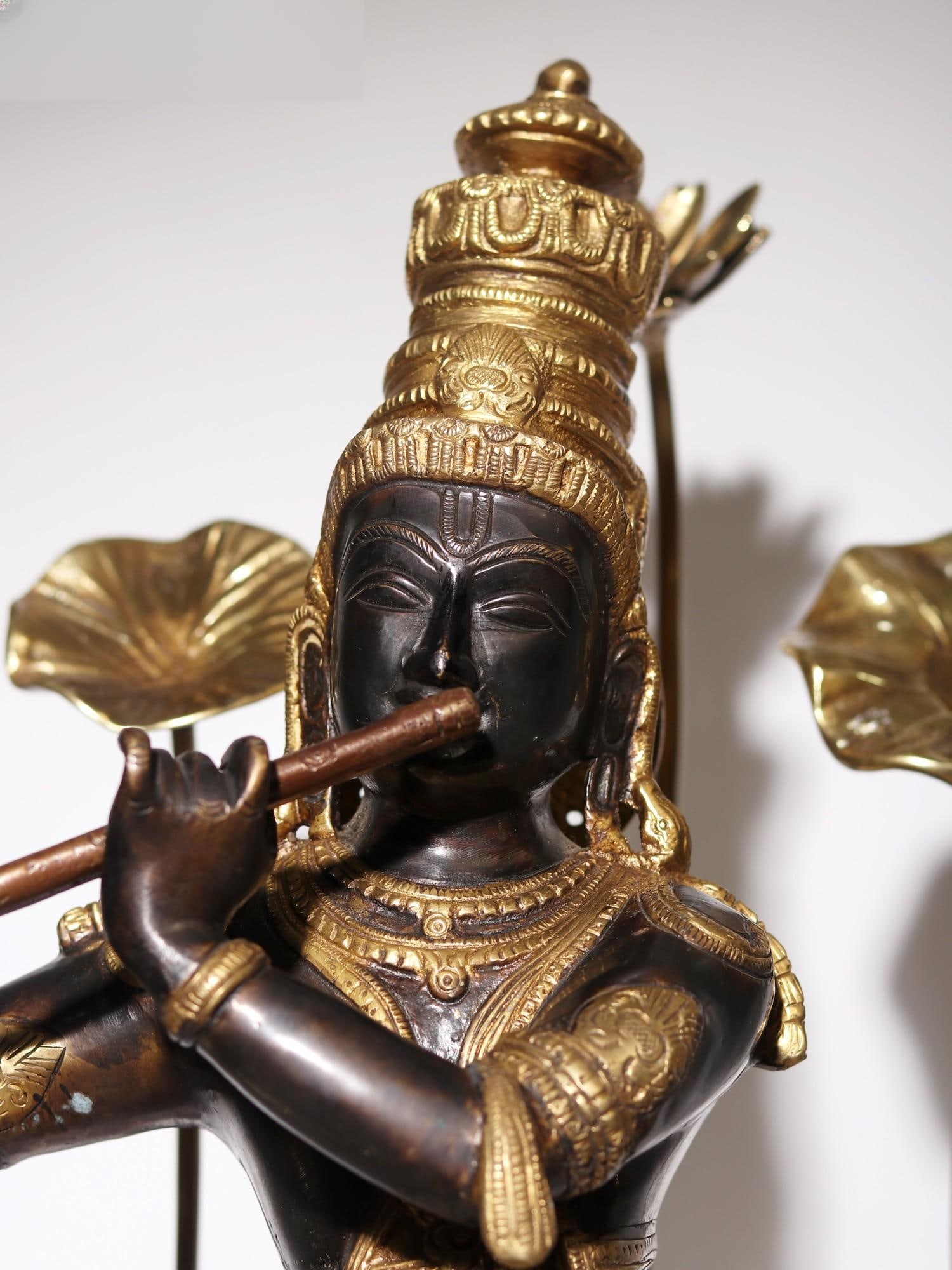 24" Lord Krishna Idol Standing on Flowers Design Pedestal Playing Flute | Brass and Wood - 2
