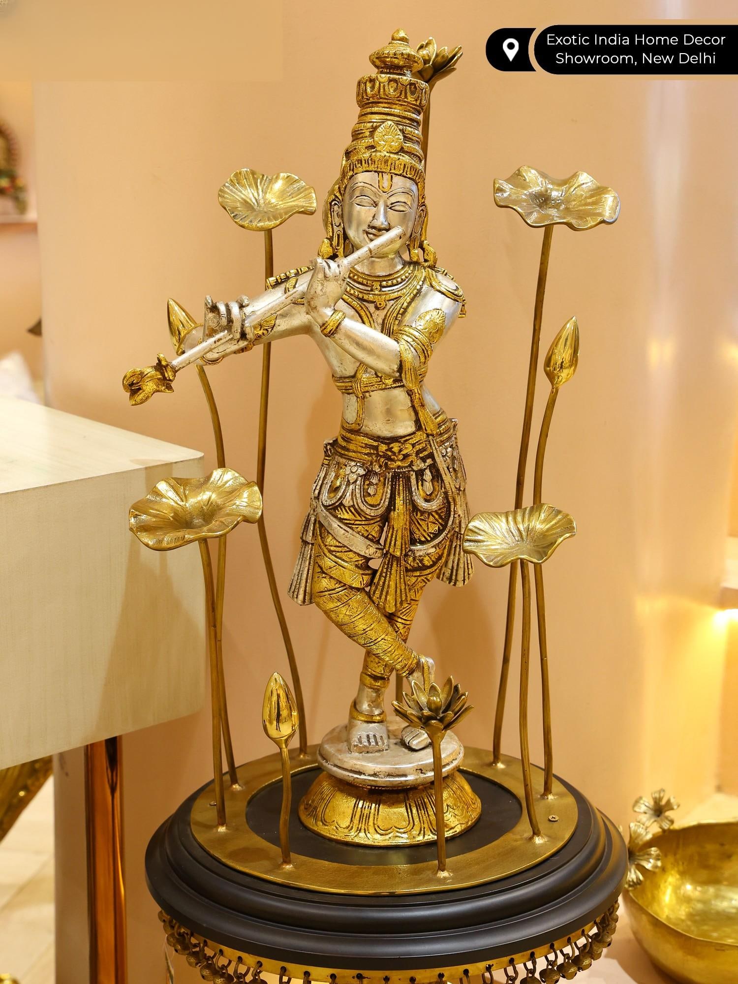24" Lord Krishna Idol Standing on Flowers Design Pedestal Playing Flute | Brass and Wood - 2