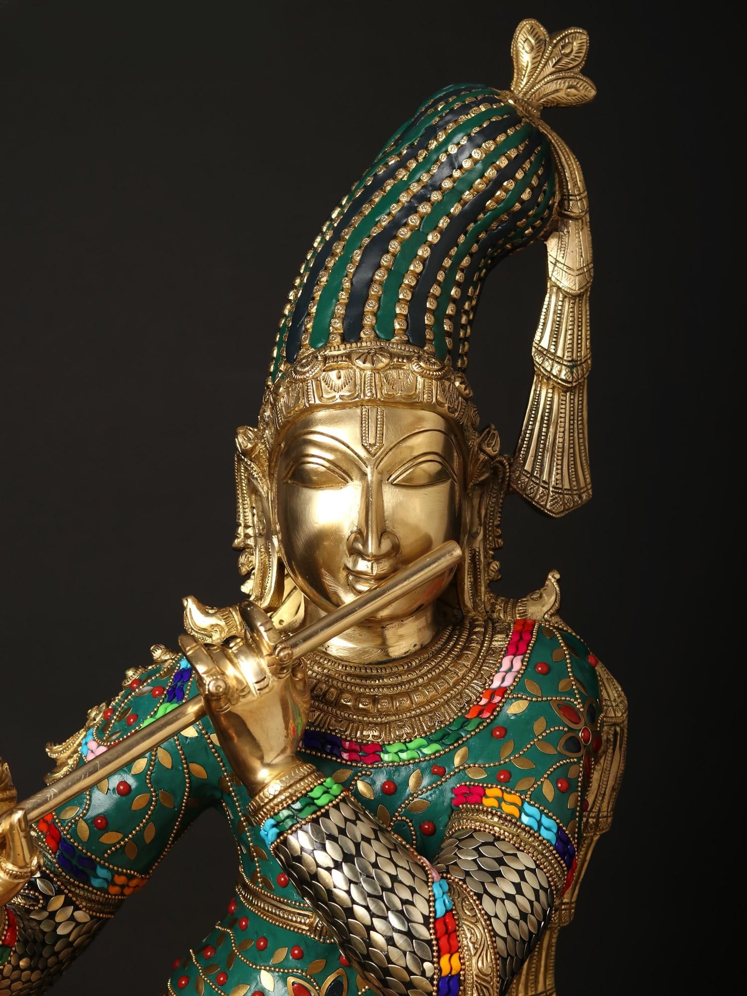36" Large Fluting Krishna Idol with Fascinating Crown | Brass Statue with Inlay Work - 2