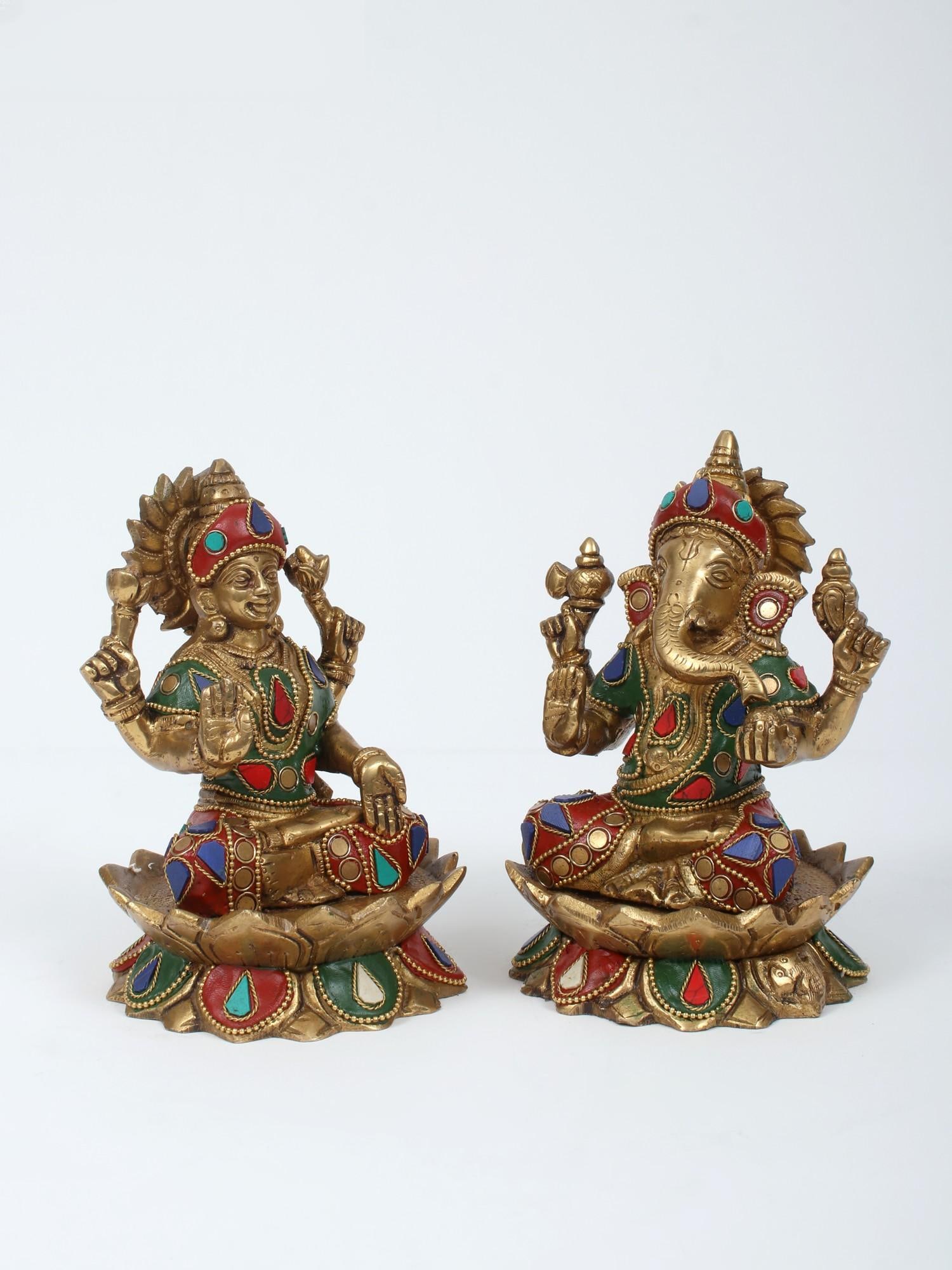 6" Small Blessing Lakshmi Ganesha | Brass with Inlay Work - 2