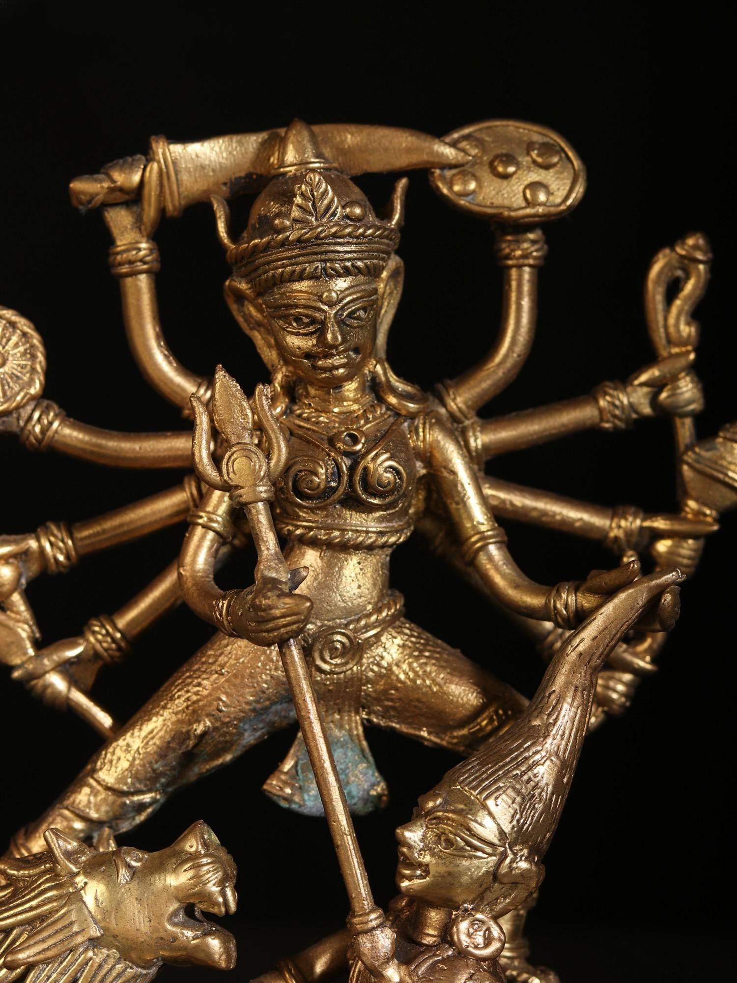 8" Mahishasura-Mardini (Goddess Durga) Idol | Dhokra Art Brass Statue - 2