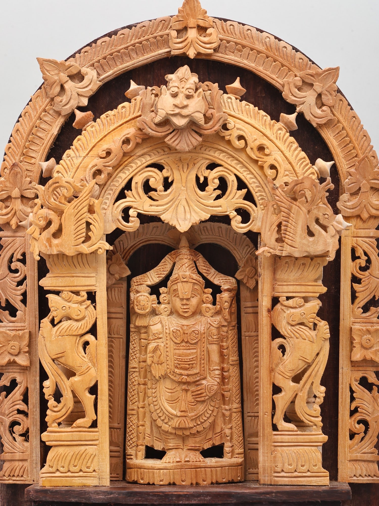 14" Standing Lord Tirupati Balaji (Venkateshvara) on Kirtimukha Throne | Sandalwood Carved Statue - 2