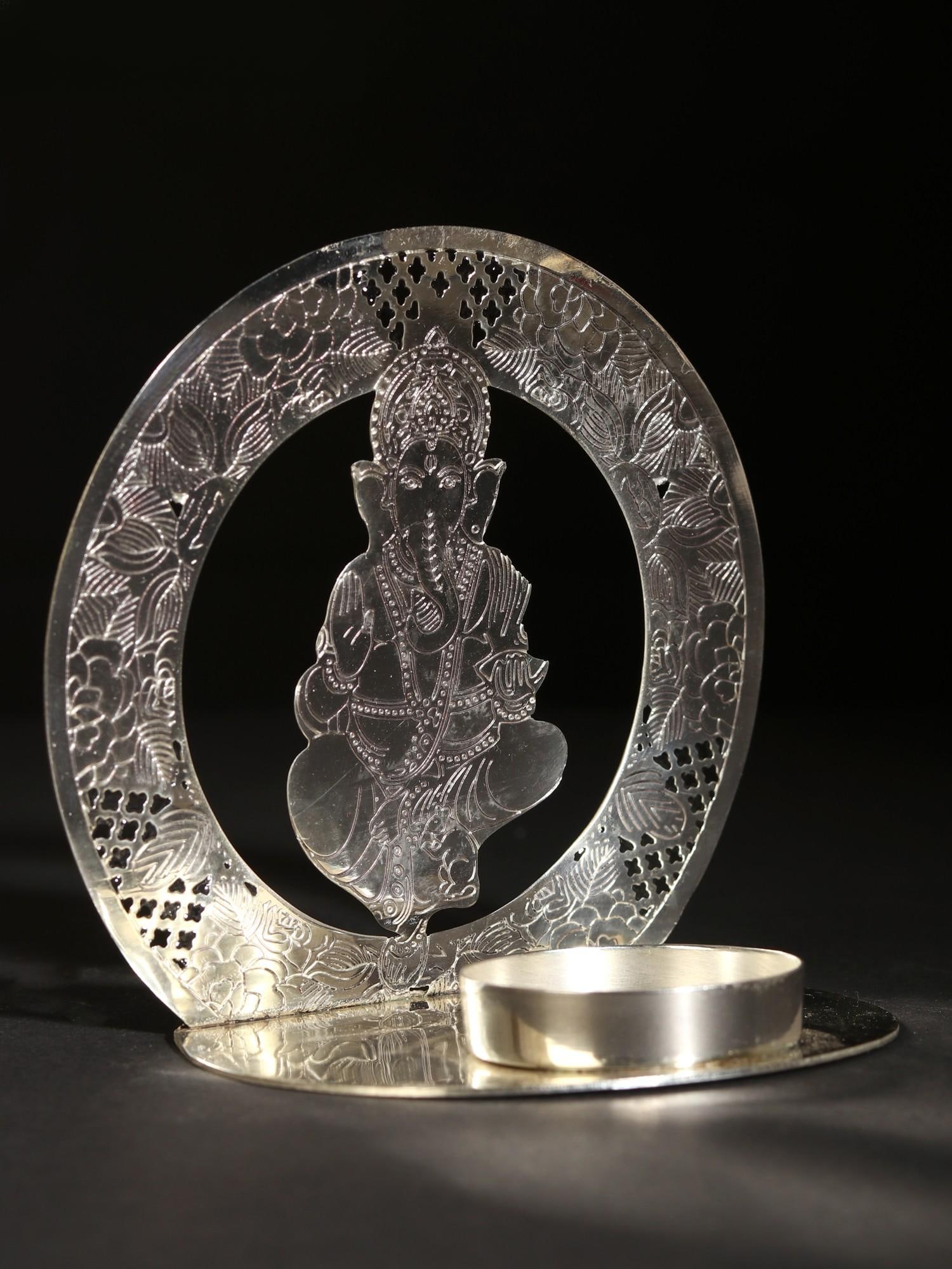 4" White Metal Ganesha T-Light Candle Holder - 2