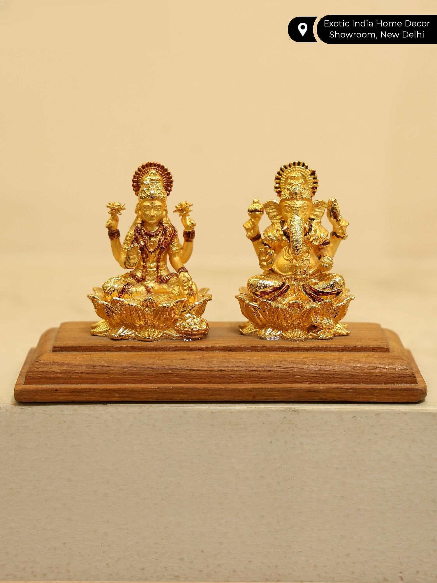 4" Small Blessing Lakshmi Ganesh on Wood Base | 24 Karat Gold Coated Copper - 2
