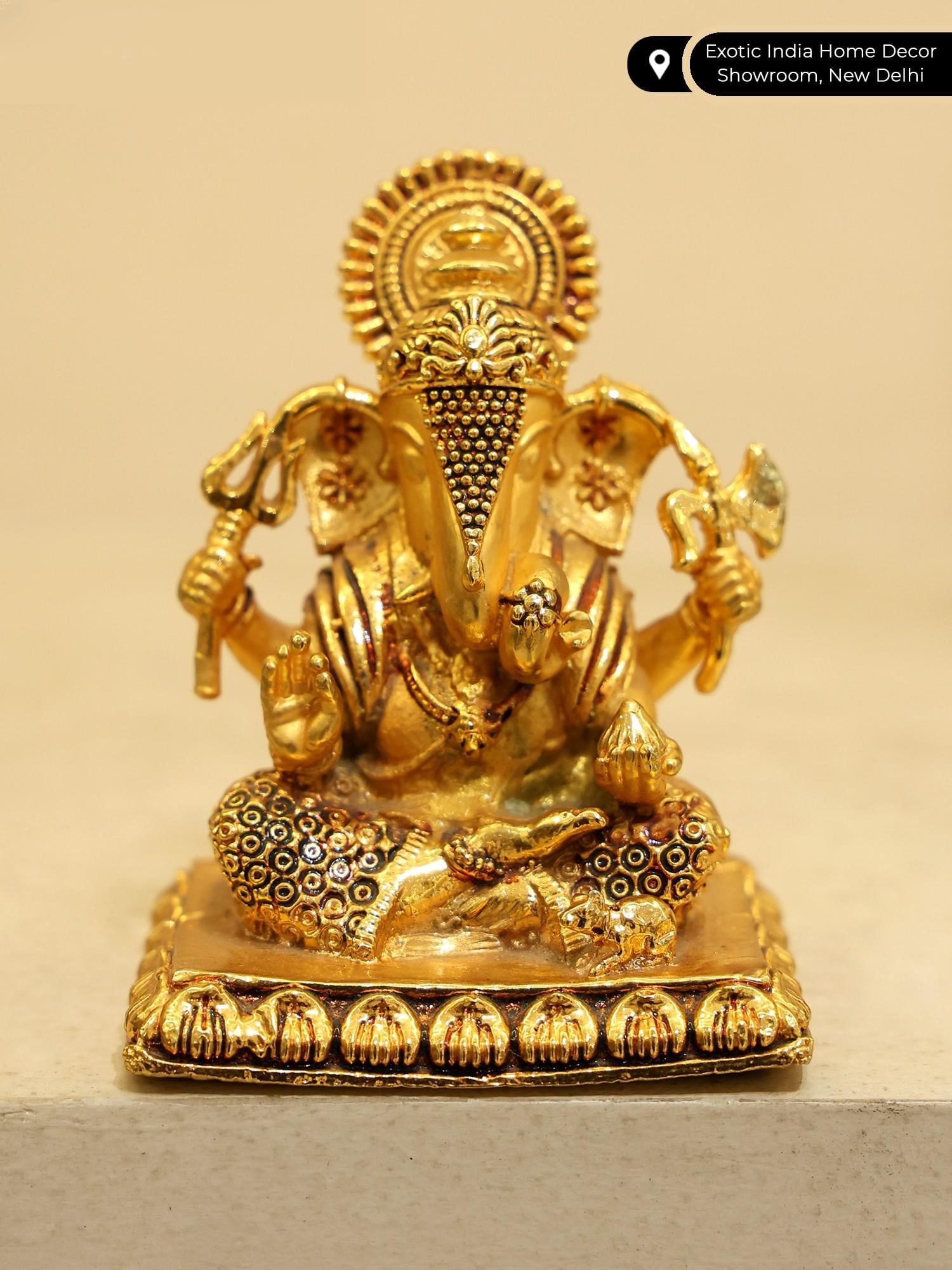 2" Small Size Chaturbhuja Ganesha Copper Statue | 24 Karat Gold Coated - 2