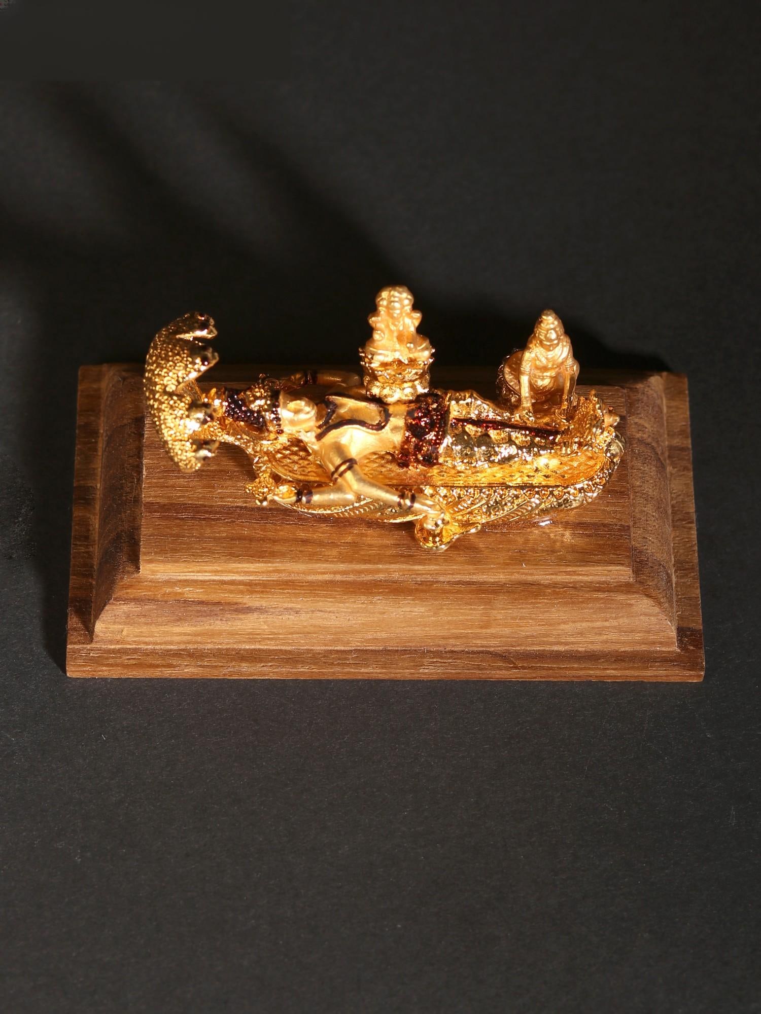 3" Small Ranganatha Swamy (Sheshashayi Vishnu) on Wood Base | 24 Karat Gold Coated Copper - 2