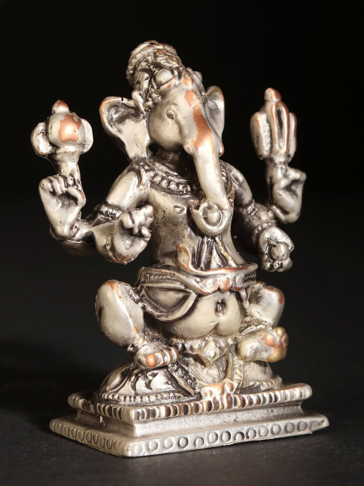 2" Small Fine Quality Solid Chaturbhuj Ganesha Idol in Brass - 2