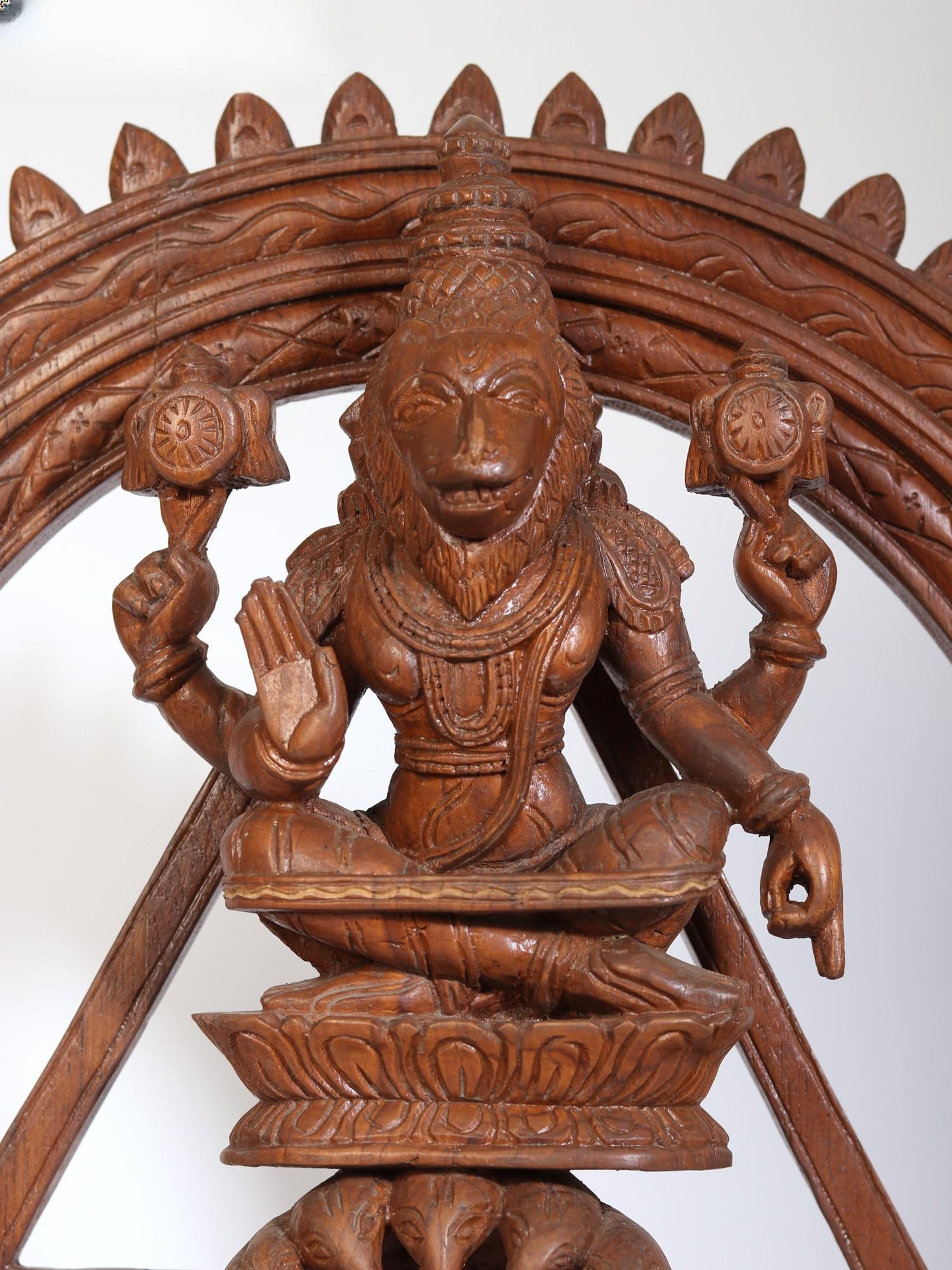 19" Lord Narasimha Seated on Sheshnag (Chakrathalwar) | Teakwood Statue - 2