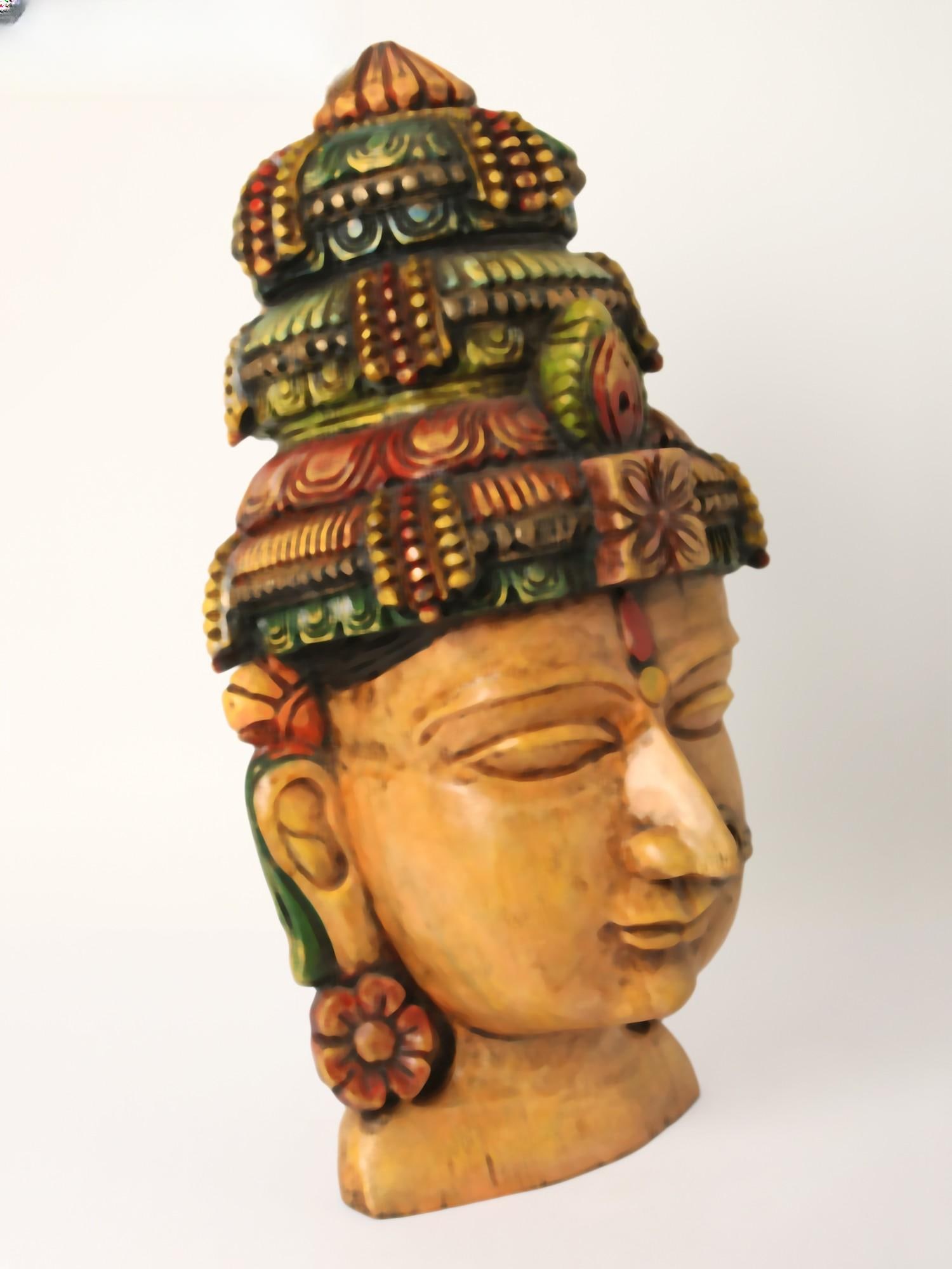 19" Goddess Uma Head Idol | Devi Parvati Wood Carved Statue - 2